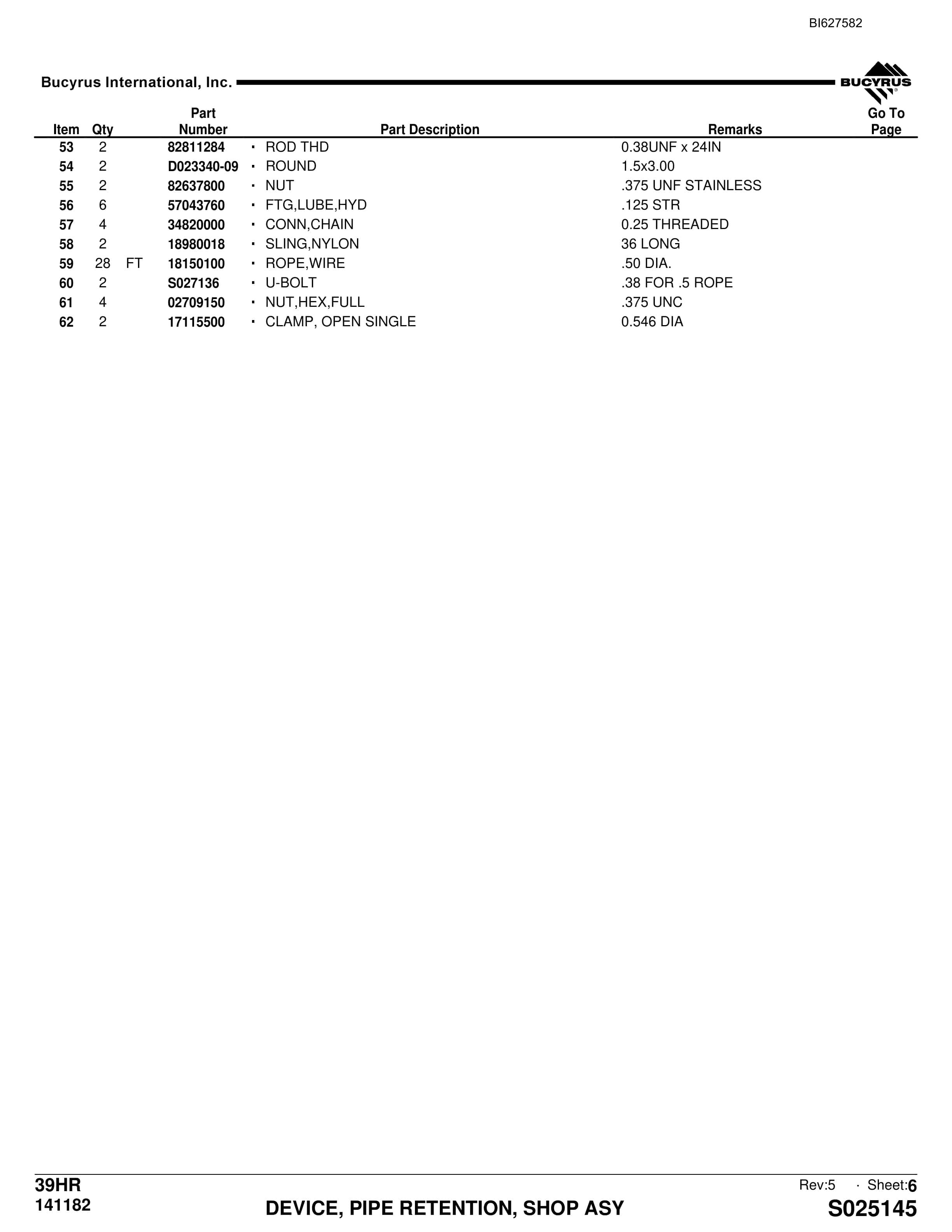 Bucyrus 39HR Parts Catalog BI627582-2