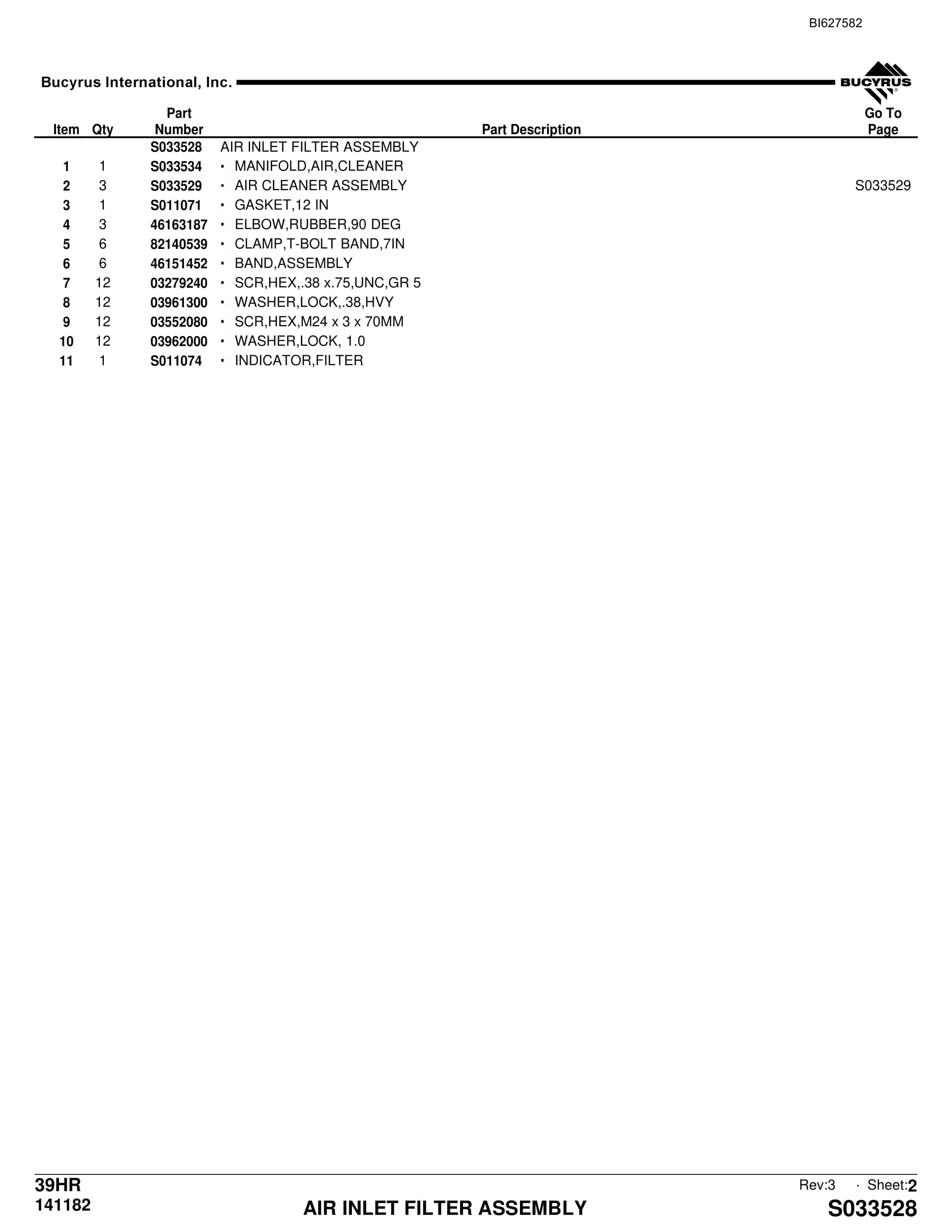 Bucyrus 39HR Parts Catalog BI627582-4