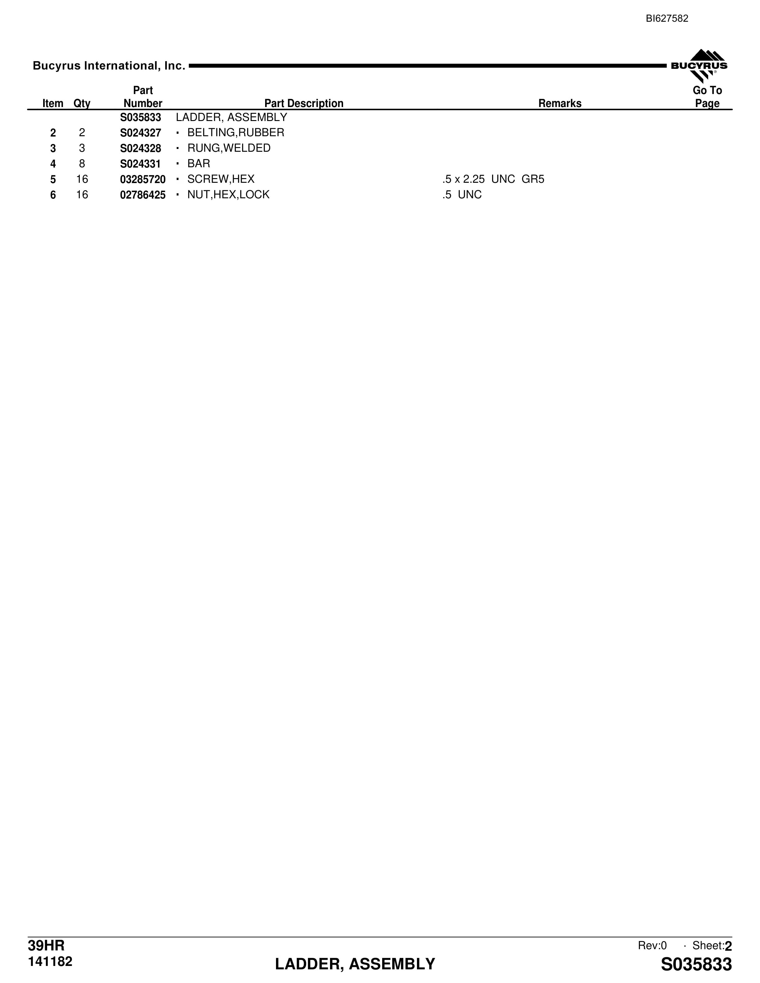 Bucyrus 39HR Parts Catalog BI627582-5