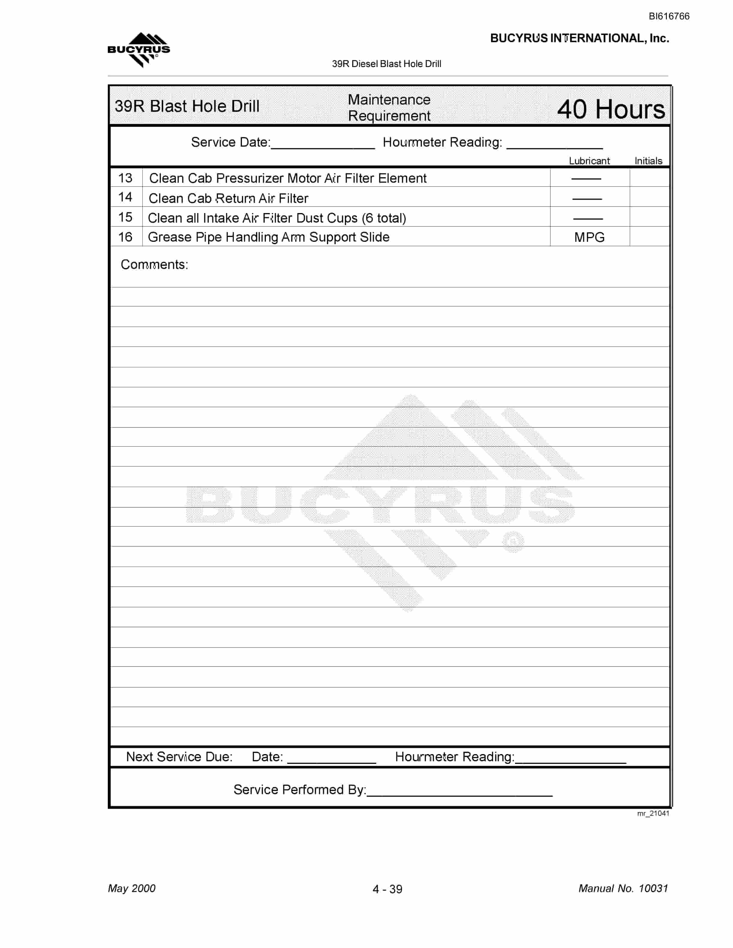 Bucyrus 39R Blast Hole Drill Technical Manual BI616766-2