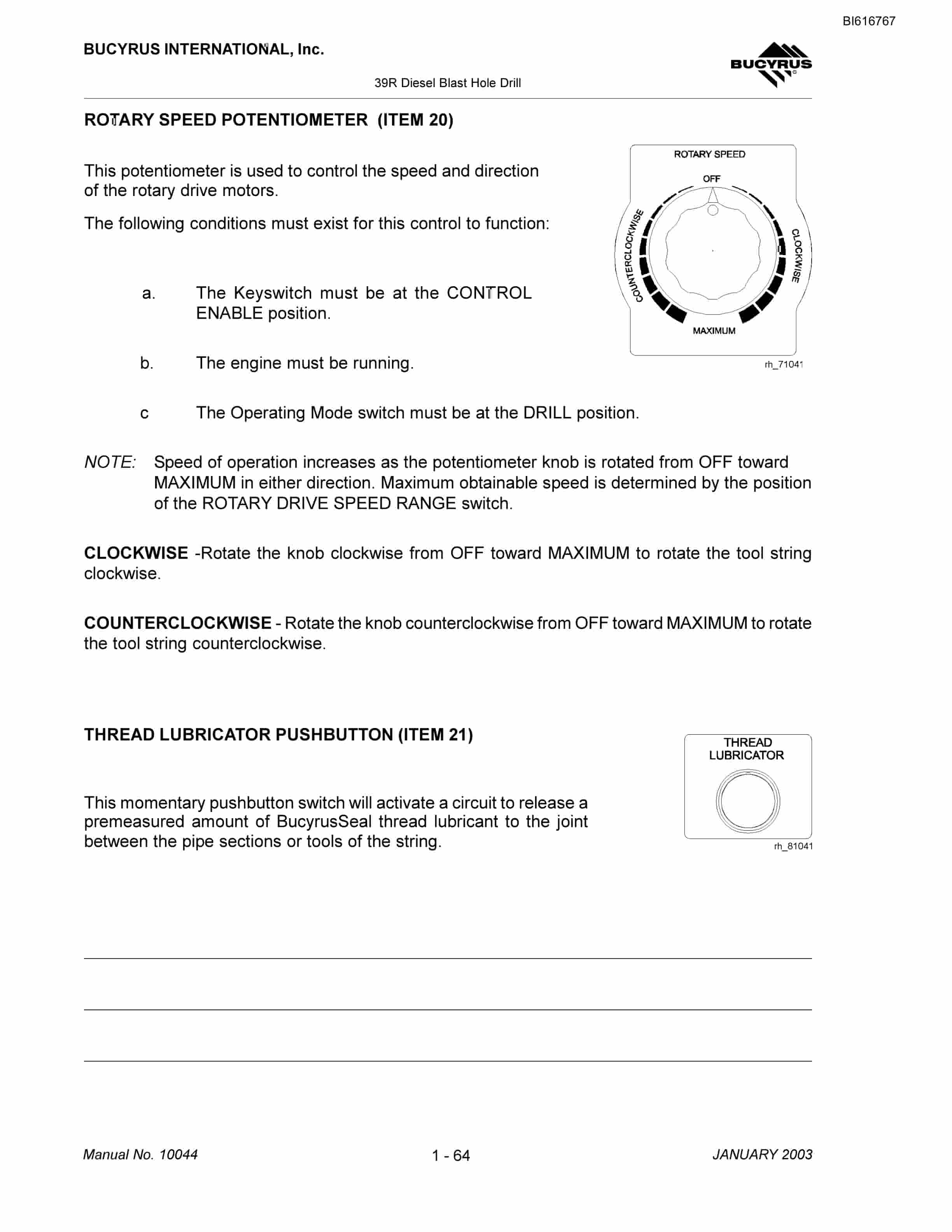 Bucyrus 39R Blast Hole Drill Technical Manual BI616767-2