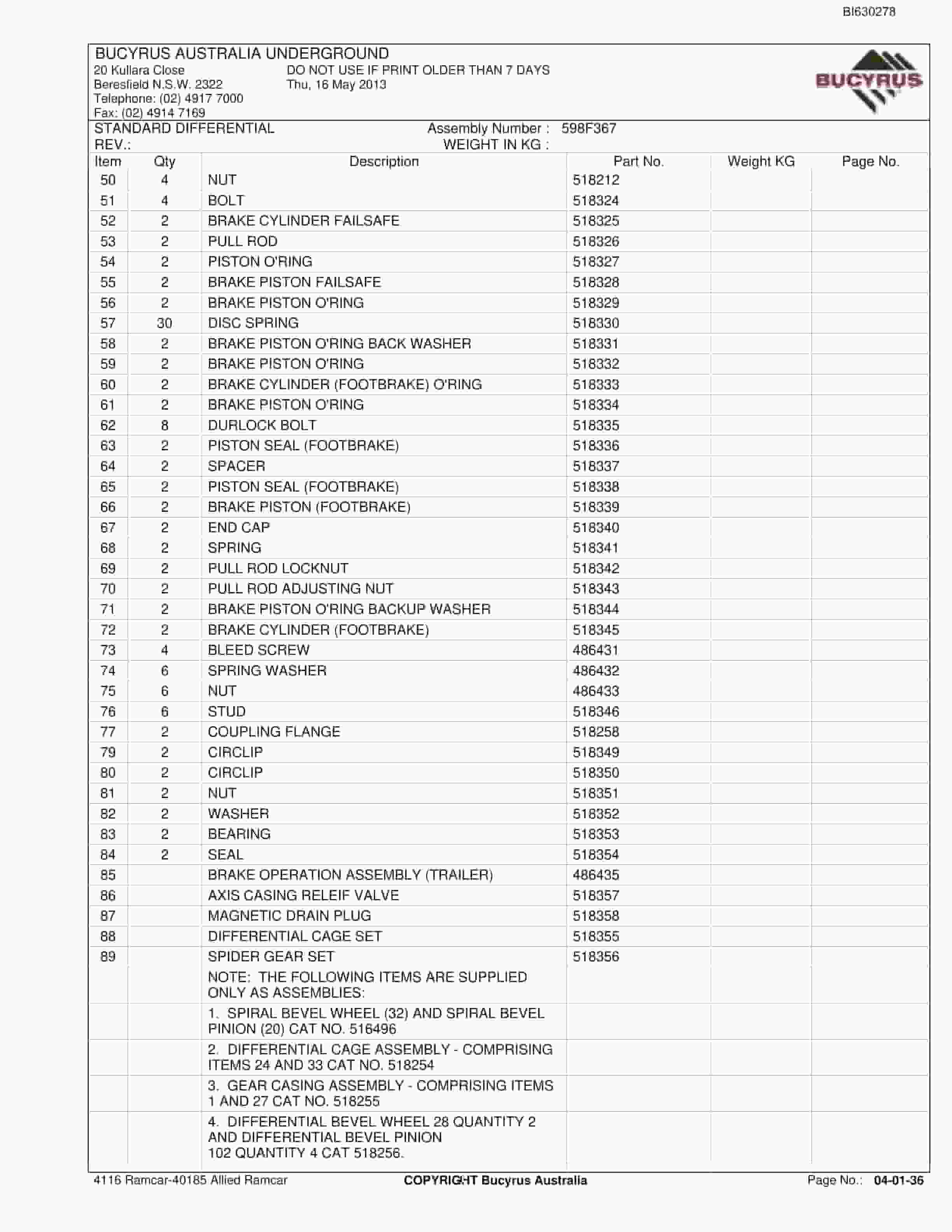 Bucyrus 4116 Ramcar - 40185 Allied Ramcar Parts Catalog BI630278-2