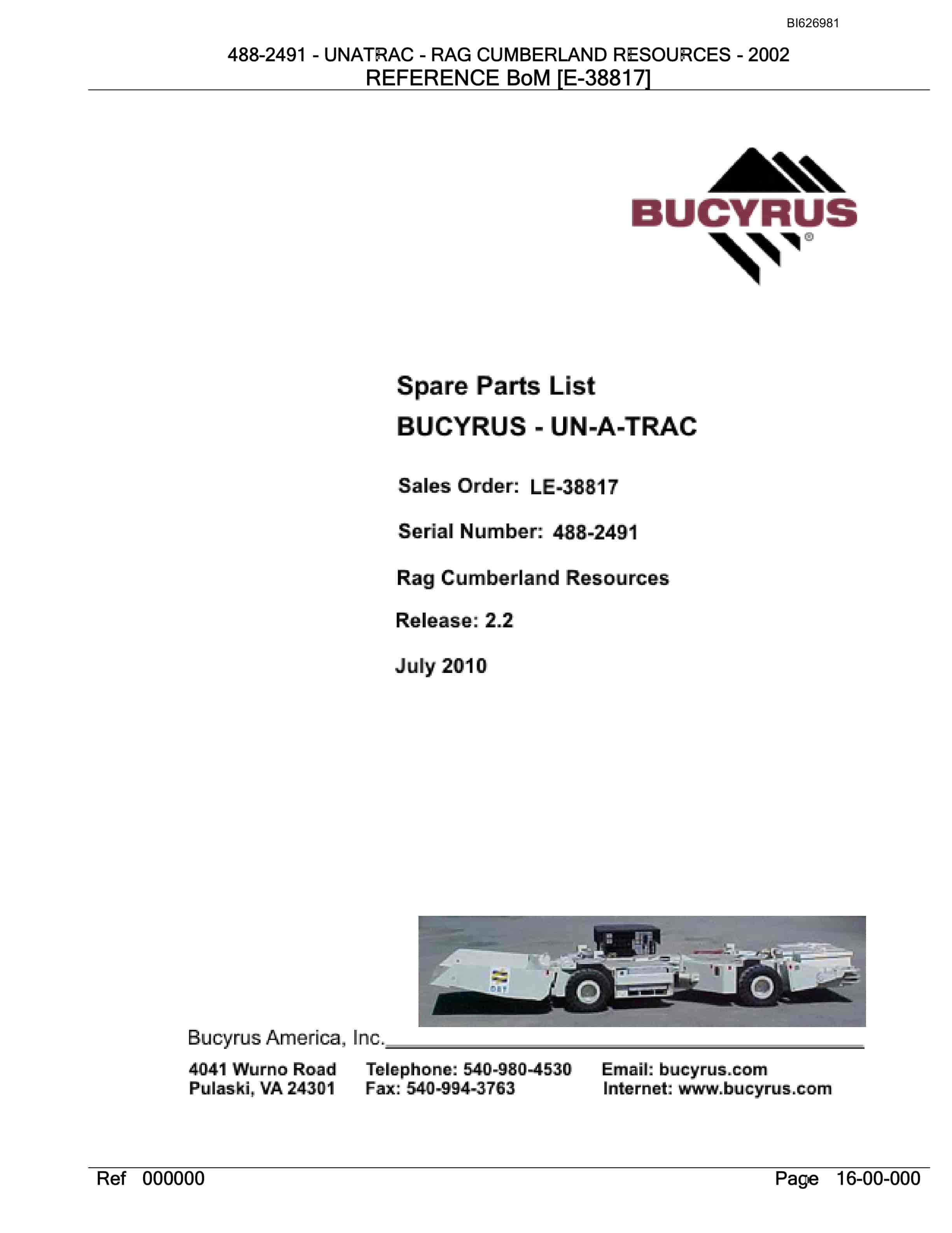 Bucyrus 488-2491 UN-A-TRAC Spare Parts List BI626981