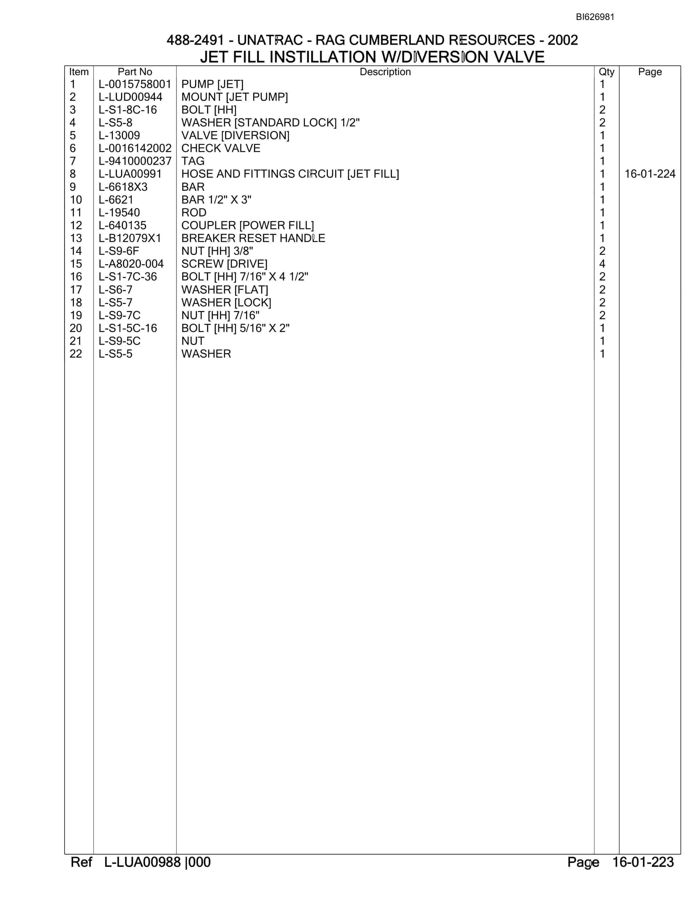 Bucyrus 488-2491 UN-A-TRAC Spare Parts List BI626981-2