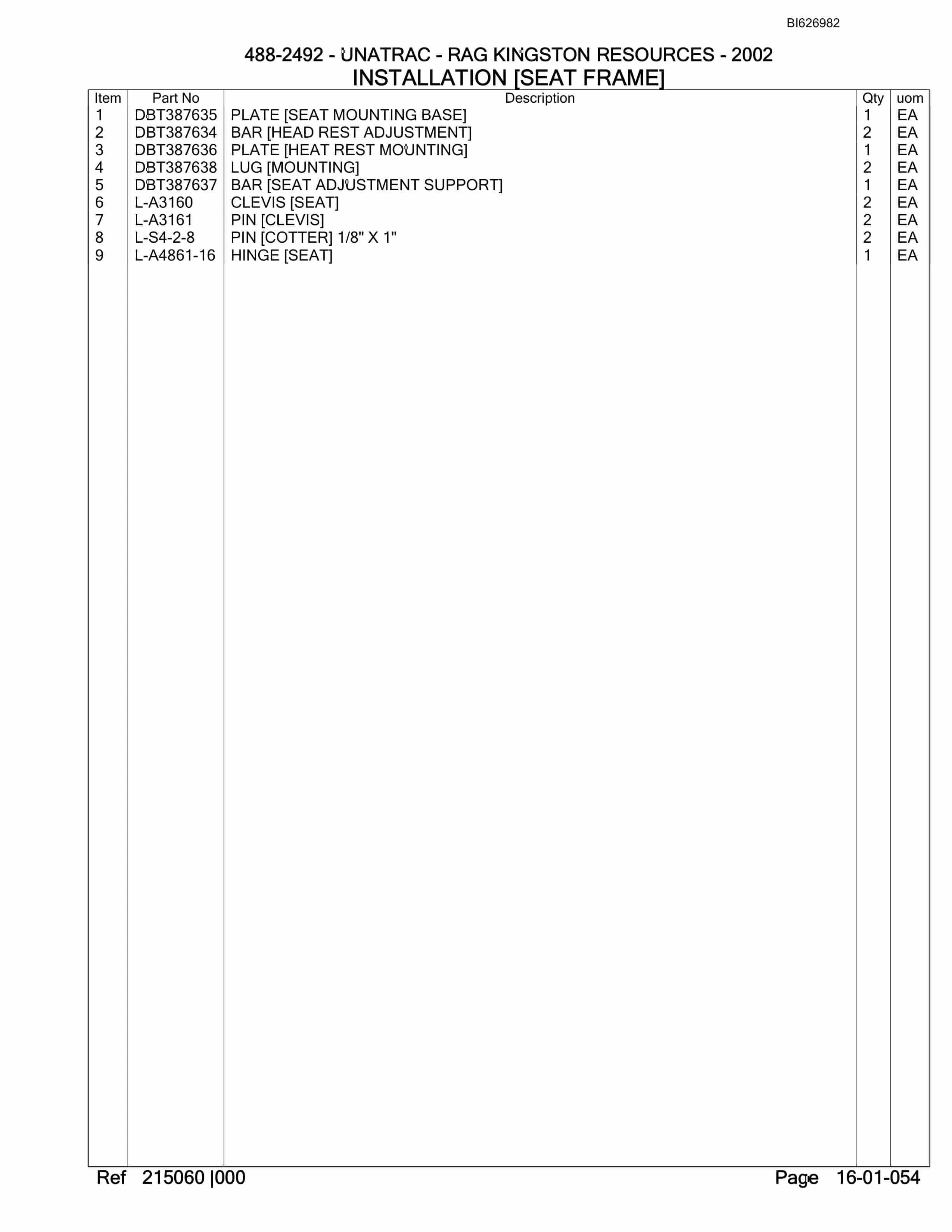 Bucyrus 488-2492 UN-A-TRAC Spare Parts List BI626982-2