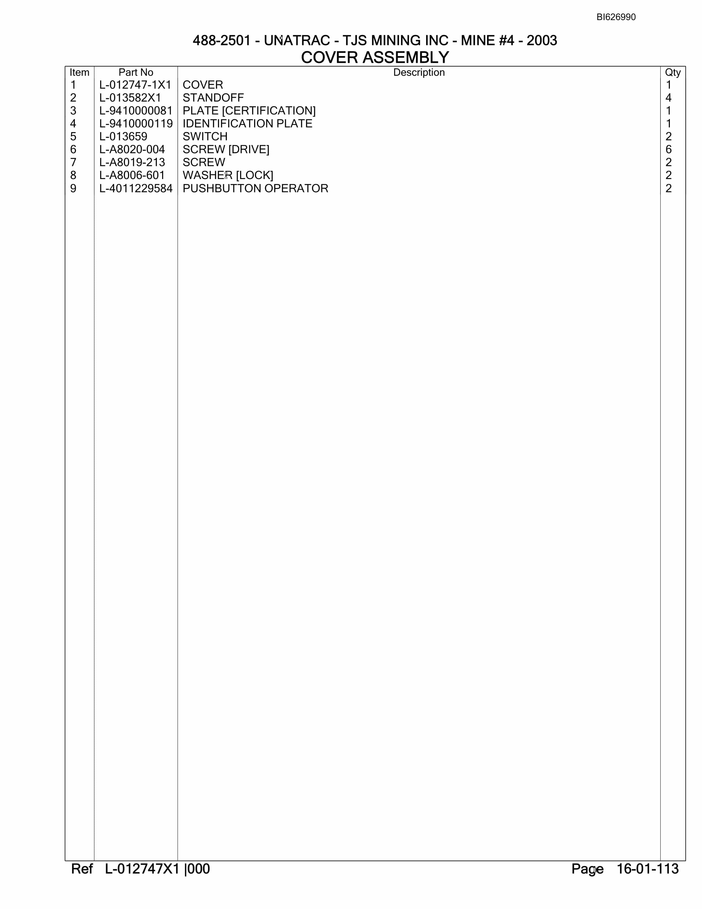 Bucyrus 488-2501 UN-A-TRAC Parts Catalog BI626990-2