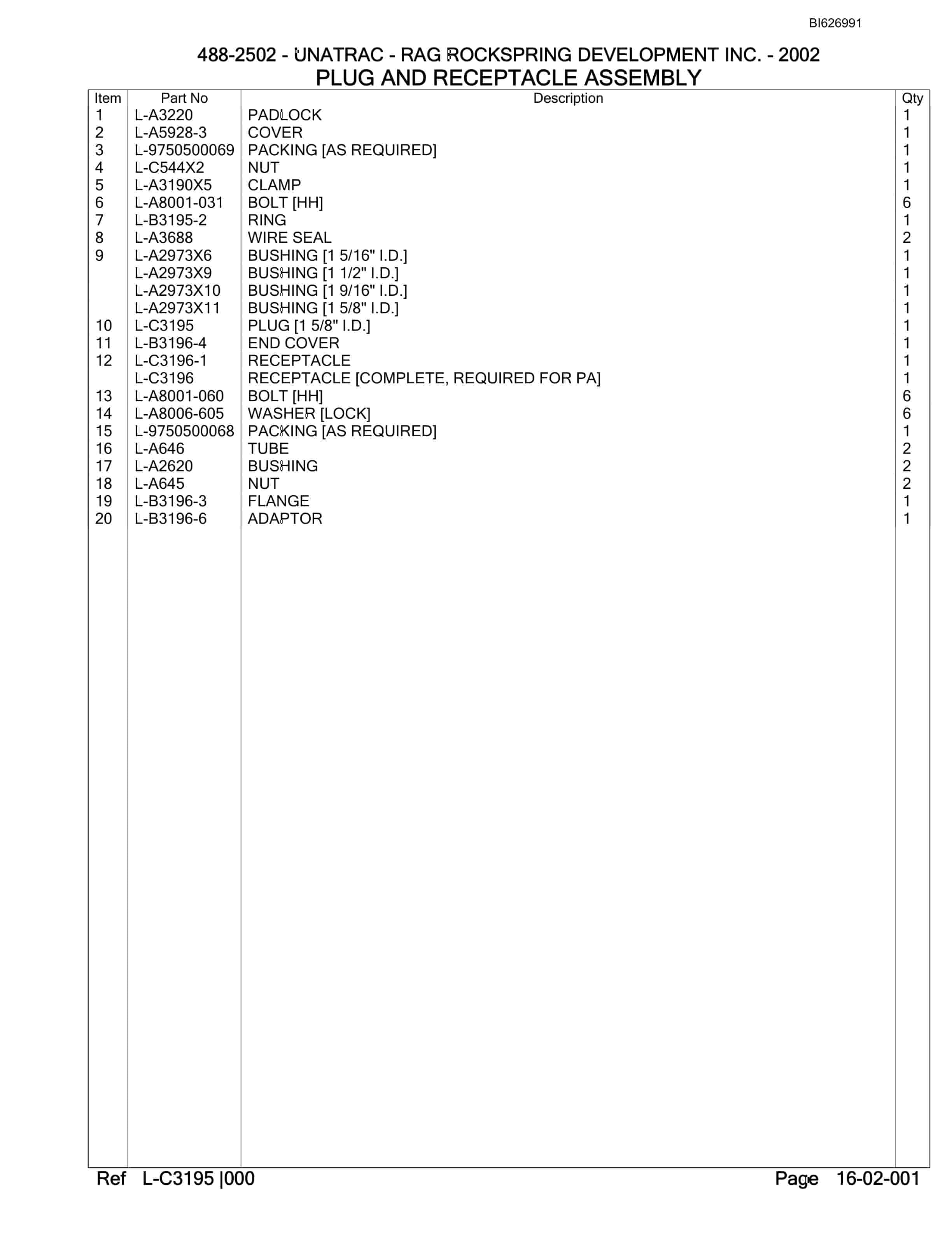 Bucyrus 488-2502 UN-A-TRAC Parts Catalog BI626991-5