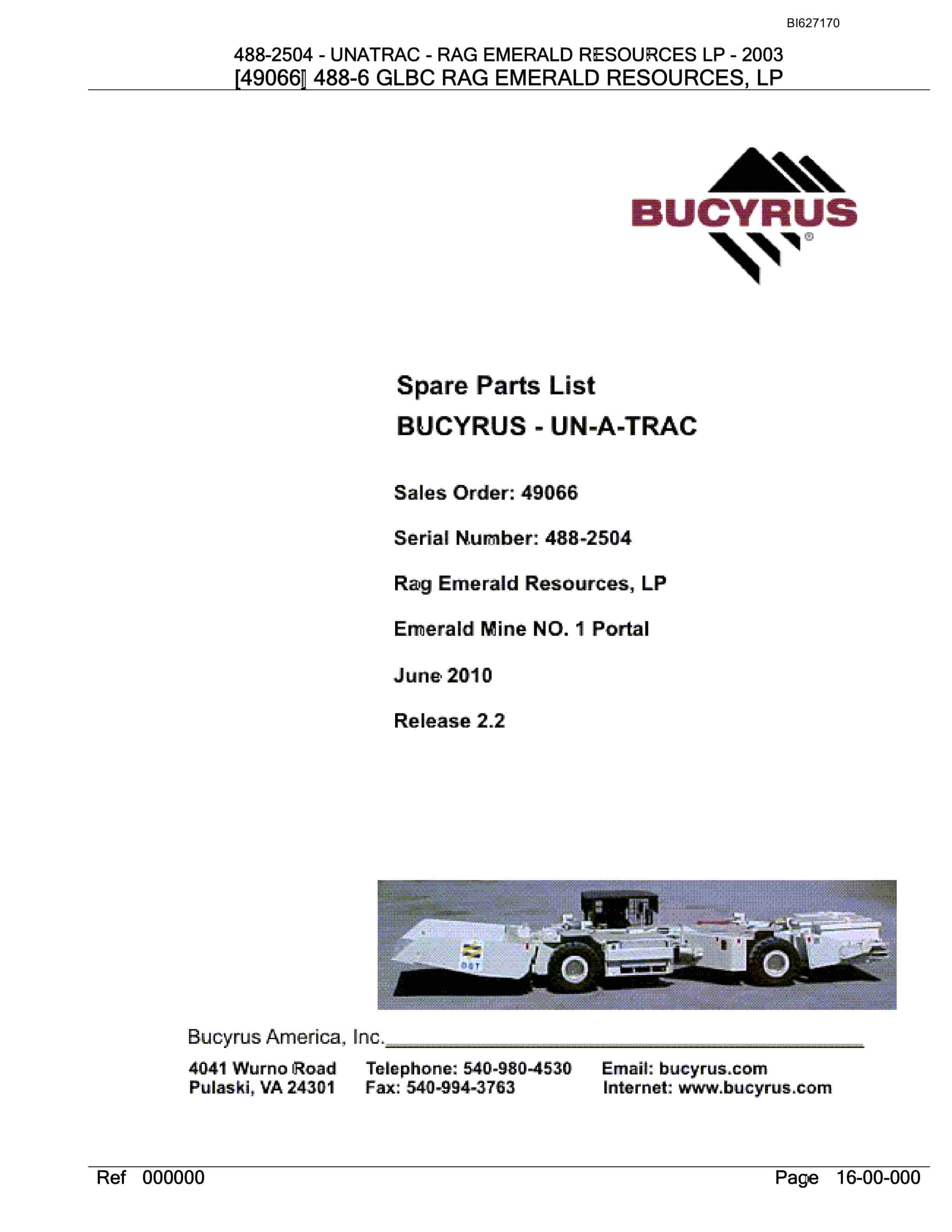 Bucyrus 488-2504 UN-A-TRAC Spare Parts List BI627170