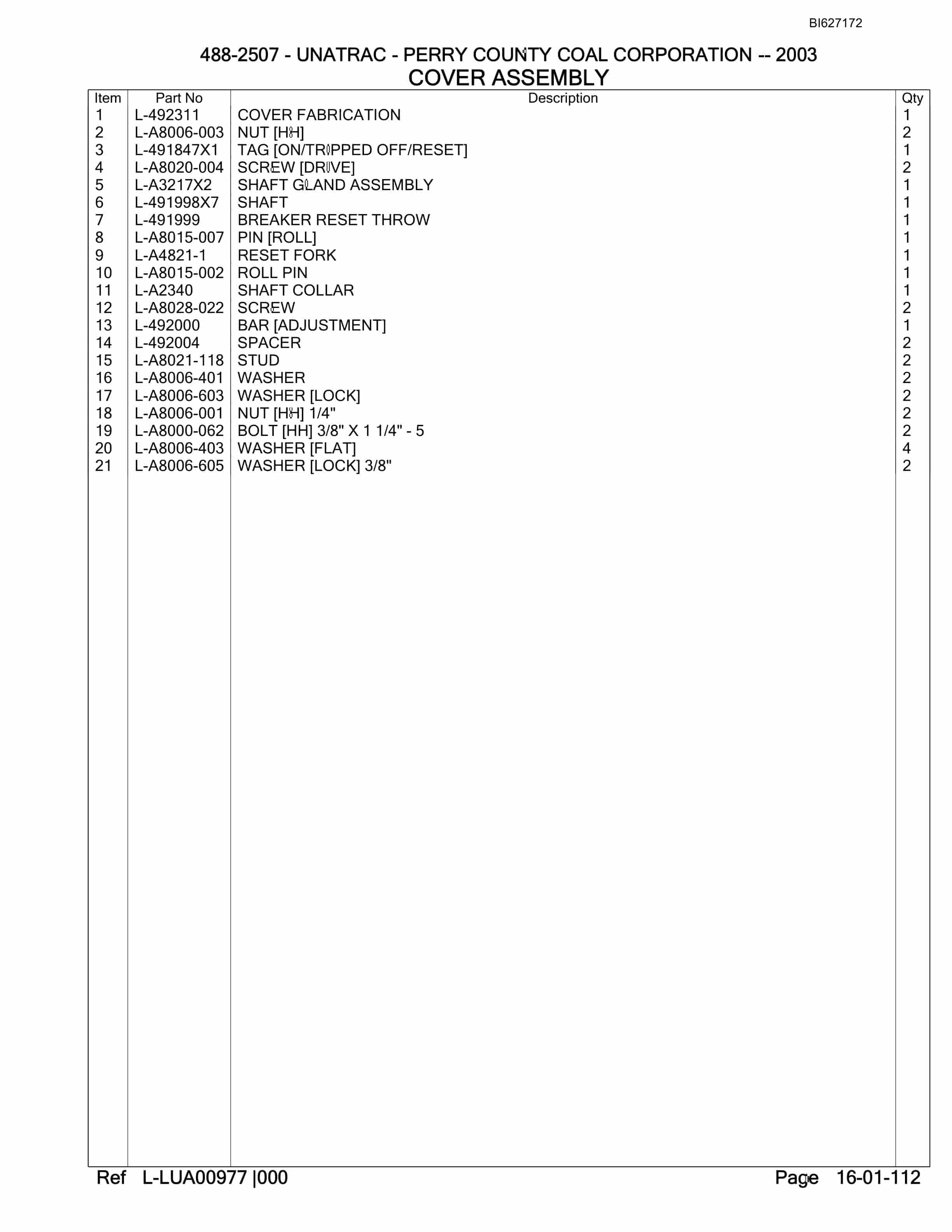 Bucyrus 488-2507 UN-A-TRAC Parts Catalog BI627172-2
