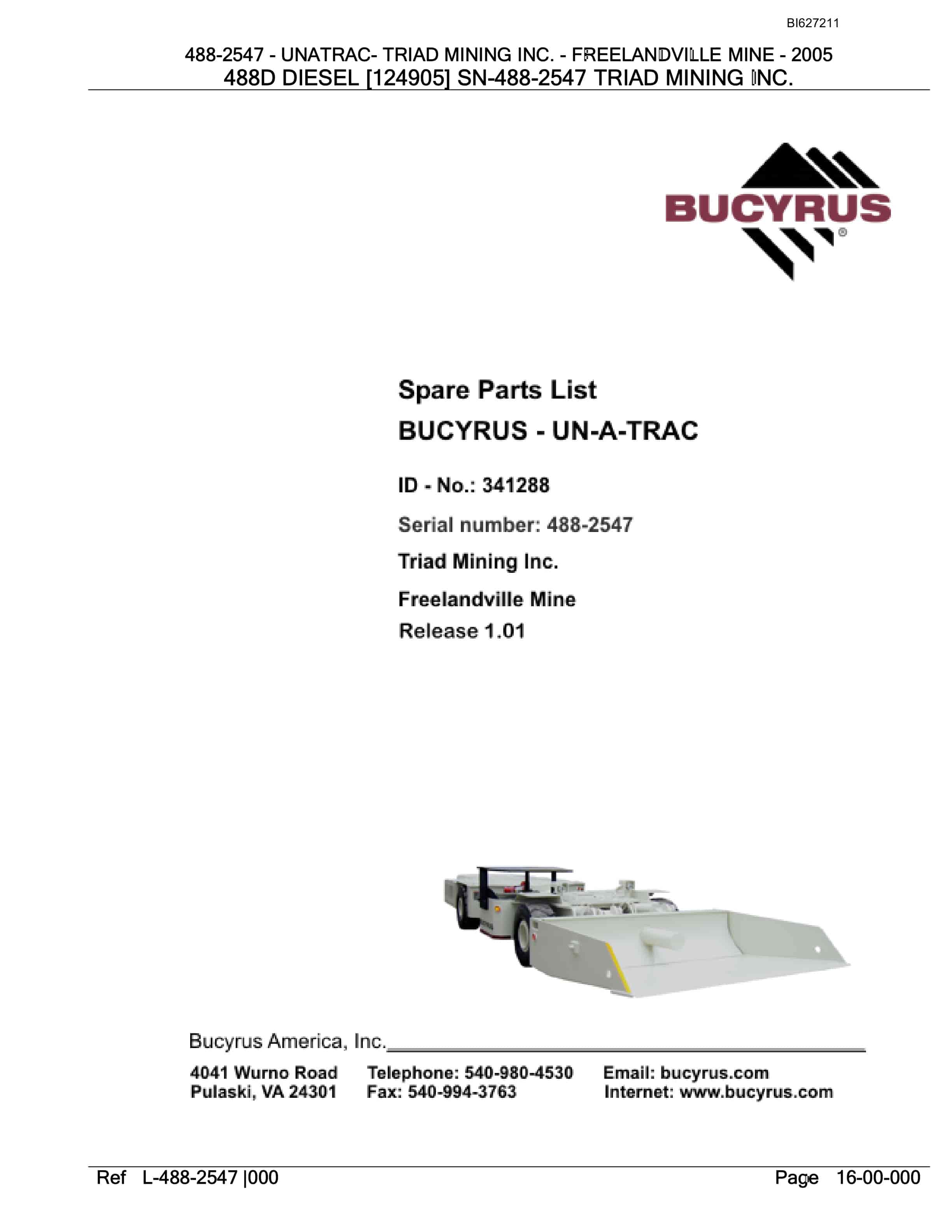 Bucyrus 488-2547 UN-A-TRAC Spare Parts List BI627211