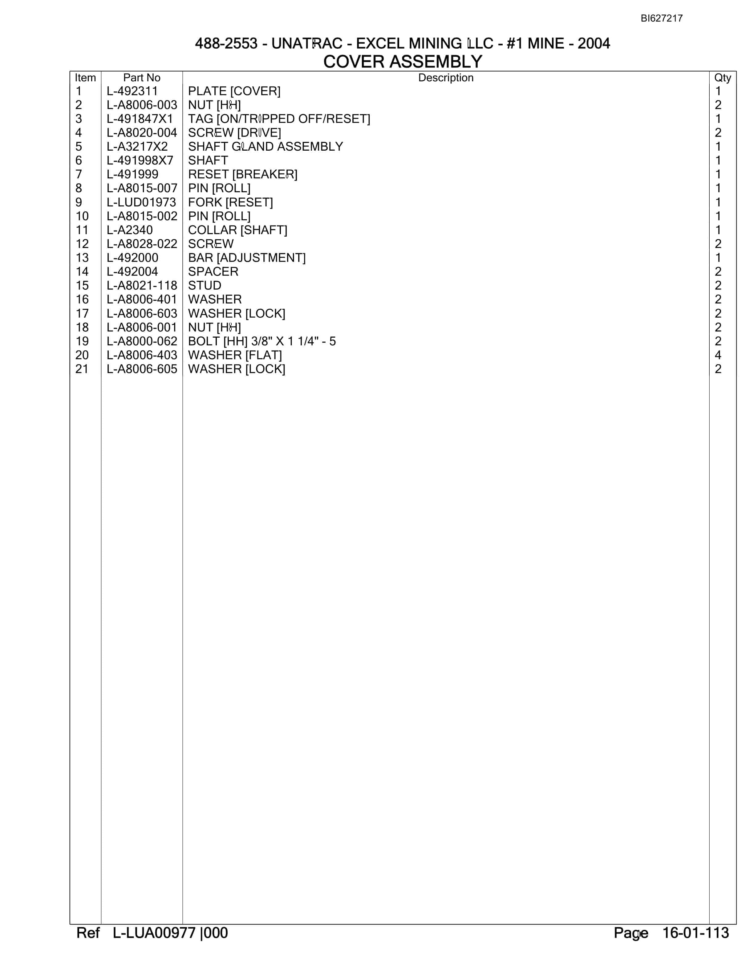 Bucyrus 488-2553 UN-A-TRAC Parts Catalog BI627217-2