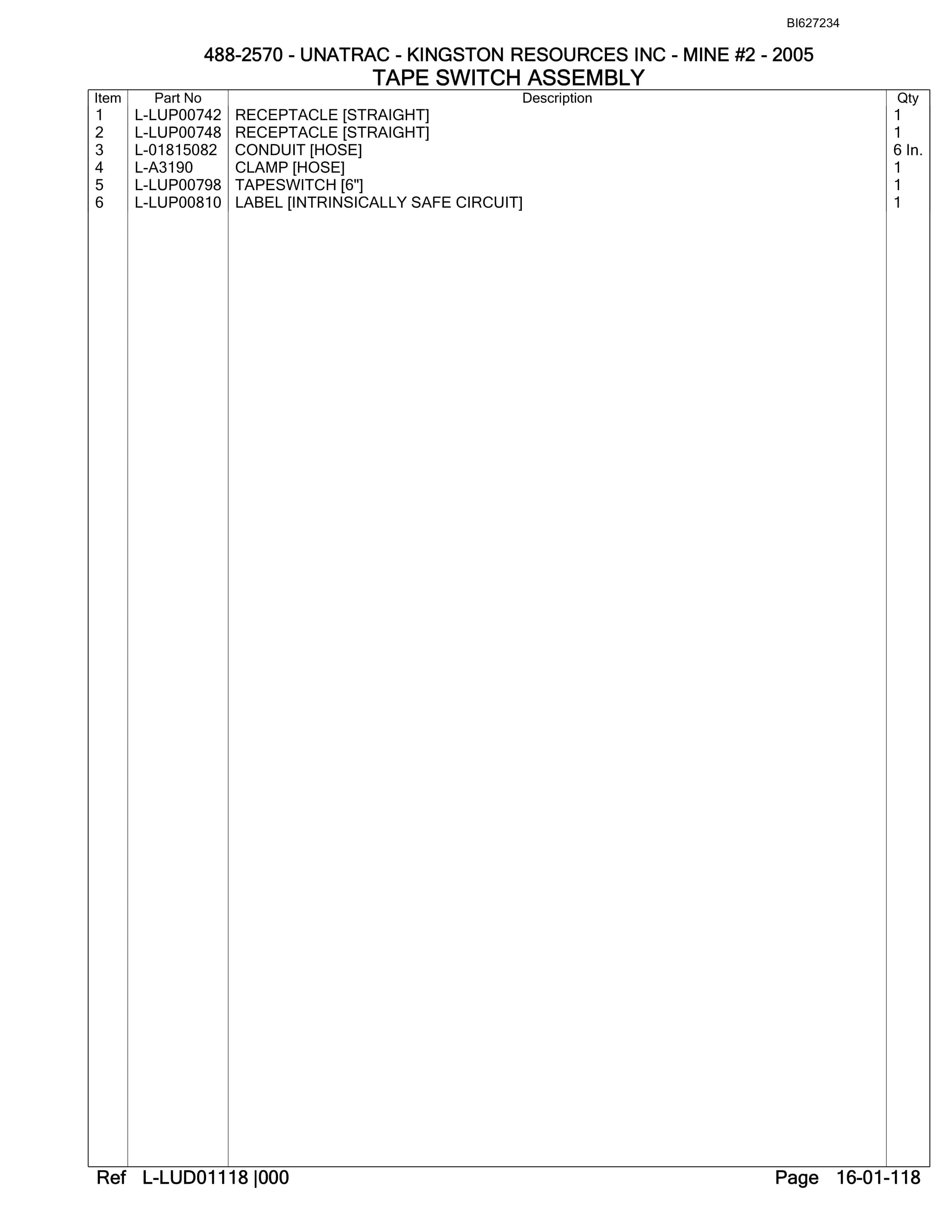 Bucyrus 488-2570R UN-A-TRAC Spare Parts List BI627234-2