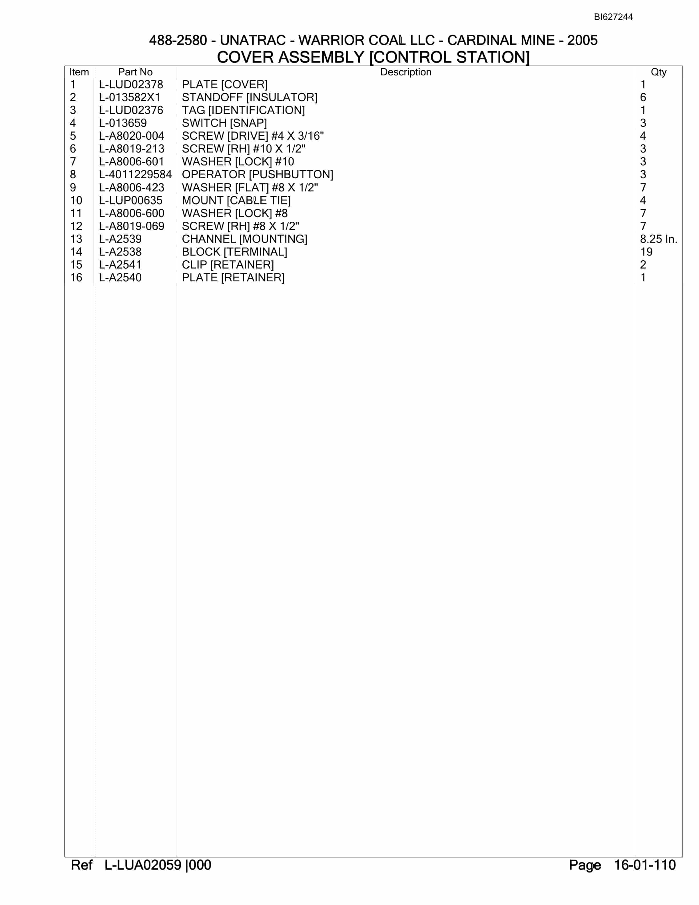 Bucyrus 488-2580 UN-A-TRAC Parts Catalog BI627244-2