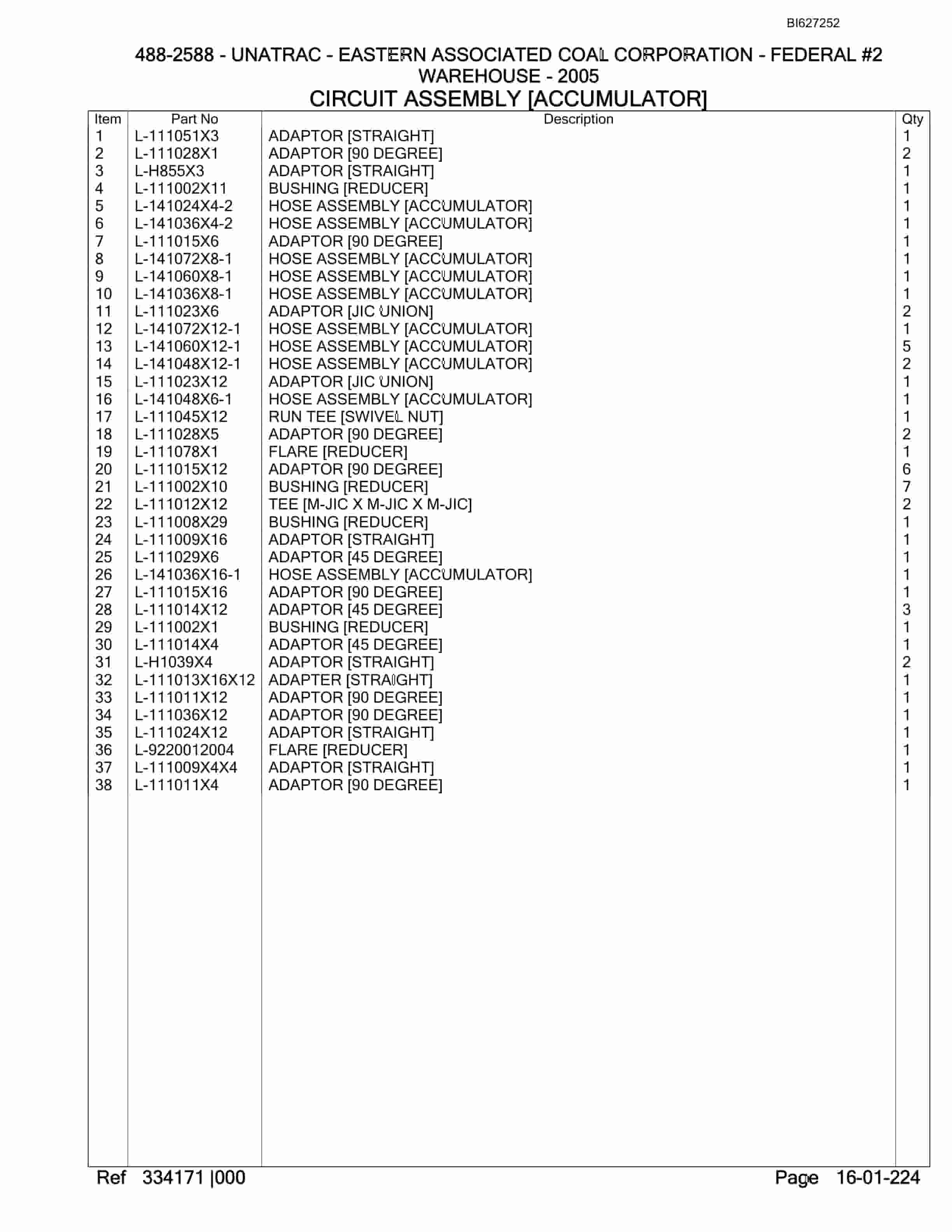 Bucyrus 488-2588 UN-A-TRAC Spare Parts List BI627252-4