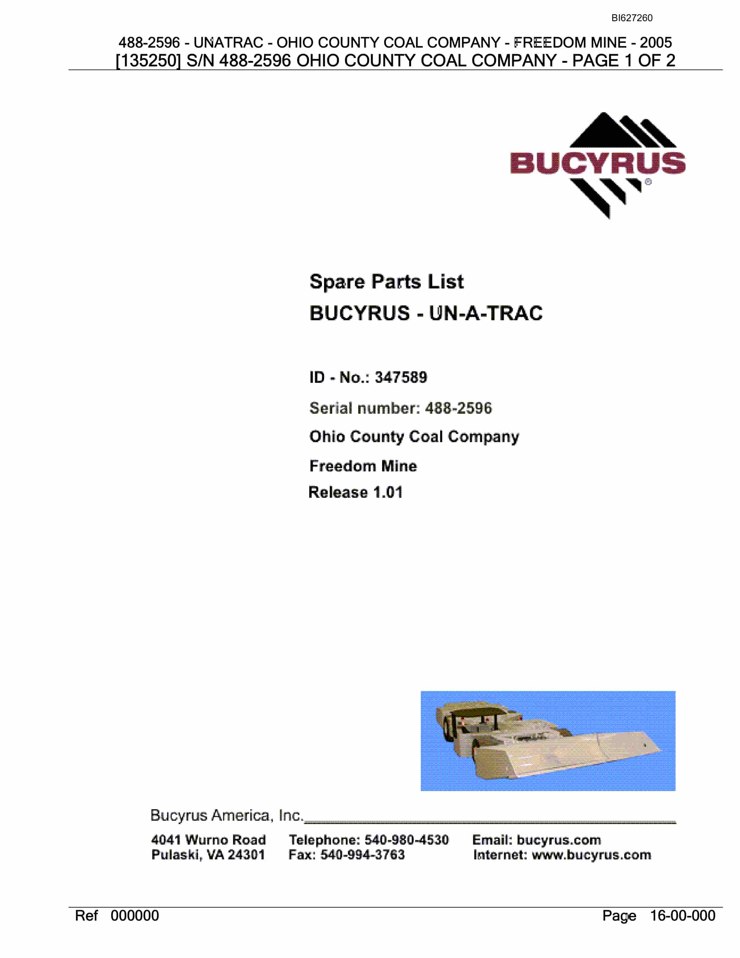 Bucyrus 488-2596 UN-A-TRAC Spare Parts List BI627260