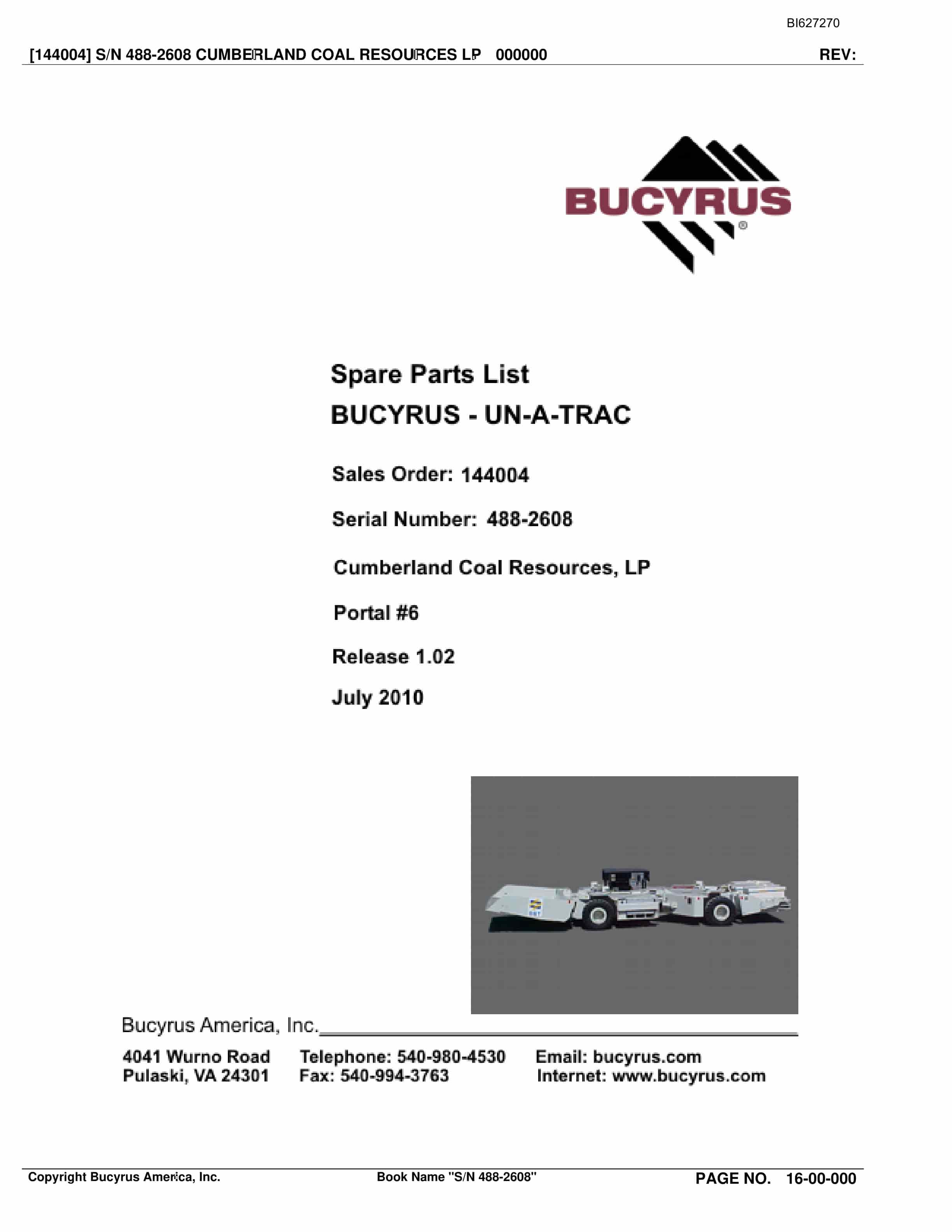 Bucyrus 488-2608 UN-A-TRAC Spare Parts List BI627270