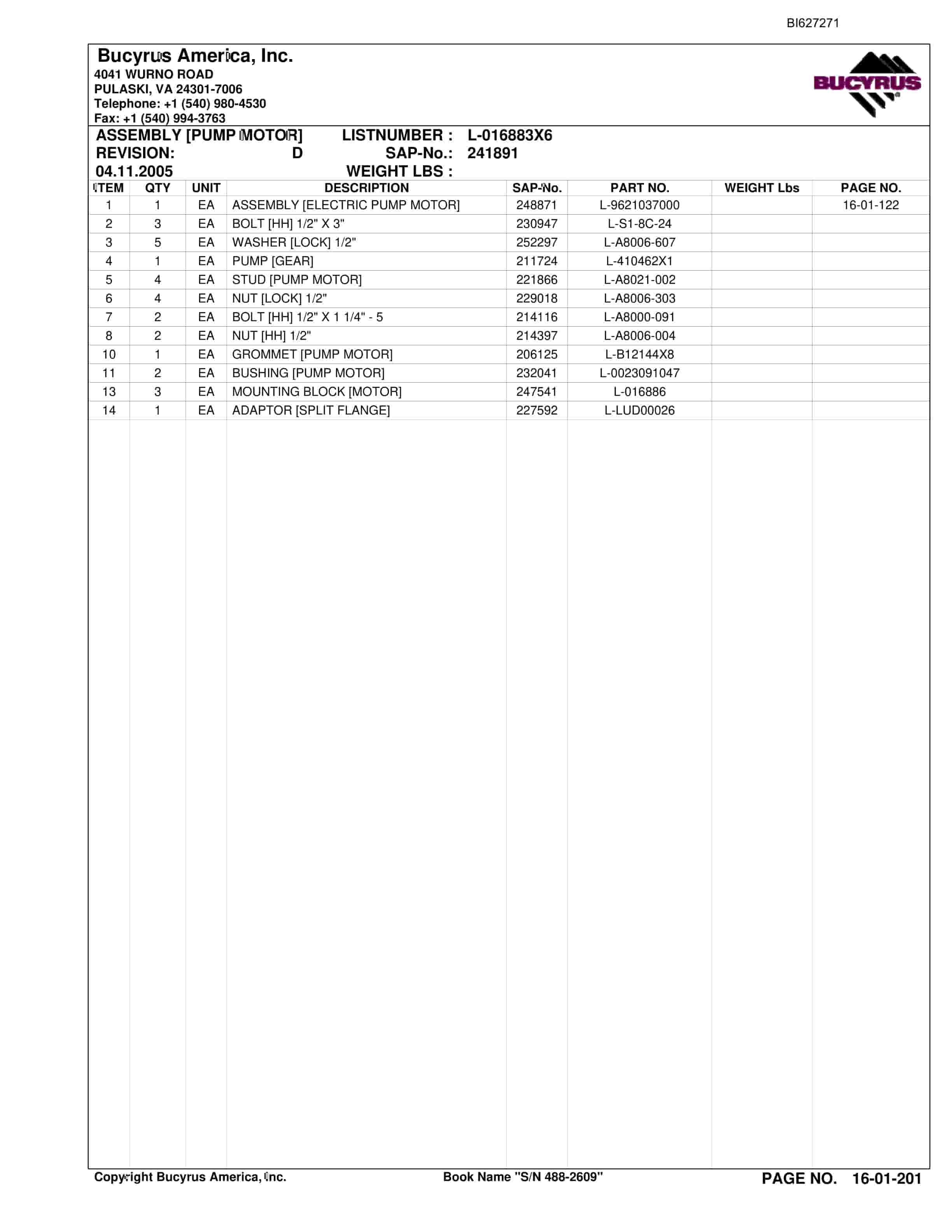 Bucyrus 488-2609 UN-A-TRAC Spare Parts List BI627271-2