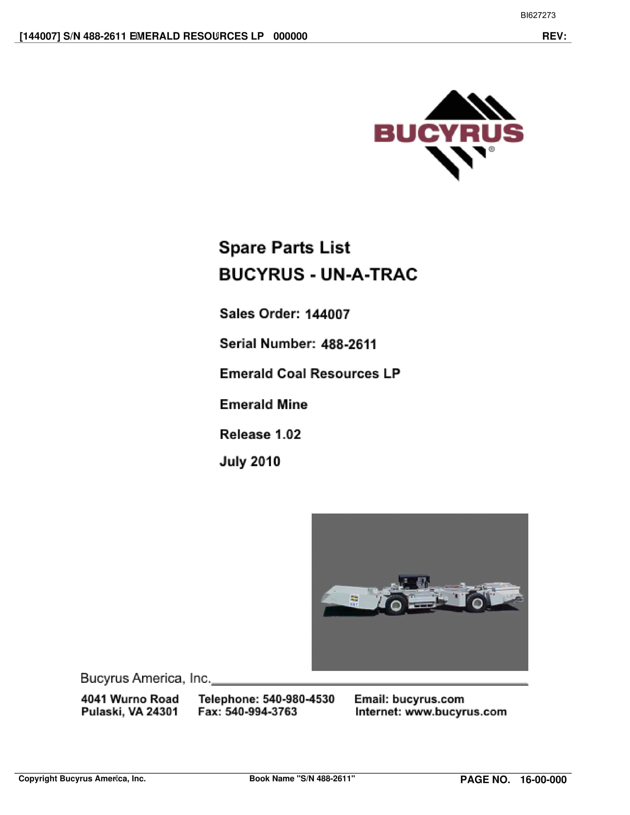 Bucyrus 488-2611 UN-A-TRAC Spare Parts List BI627273