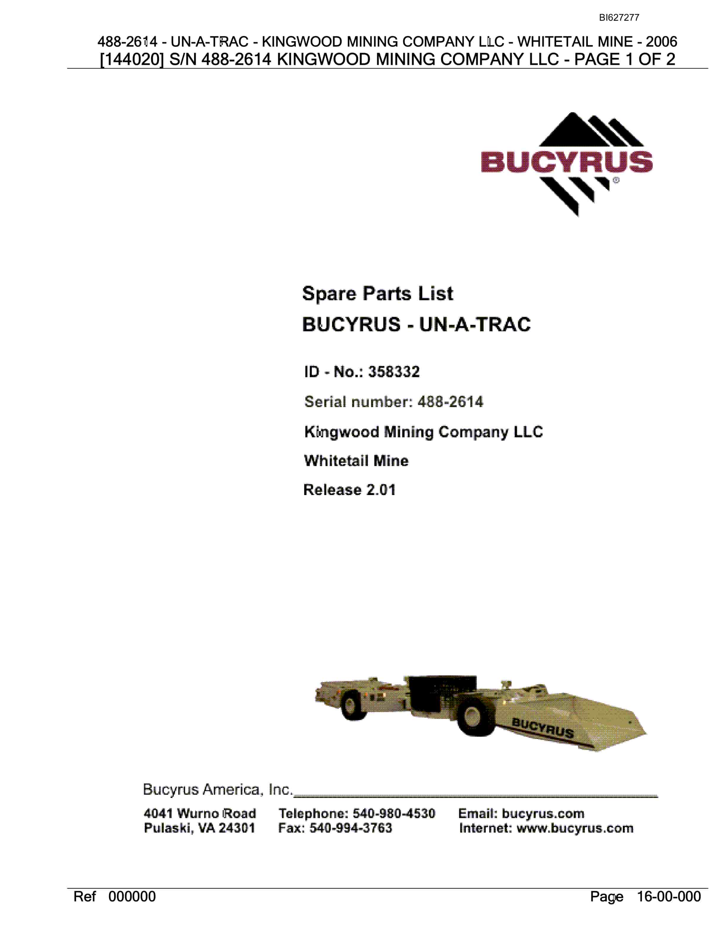 Bucyrus 488-2614 UN-A-TRAC Spare Parts List BI627277