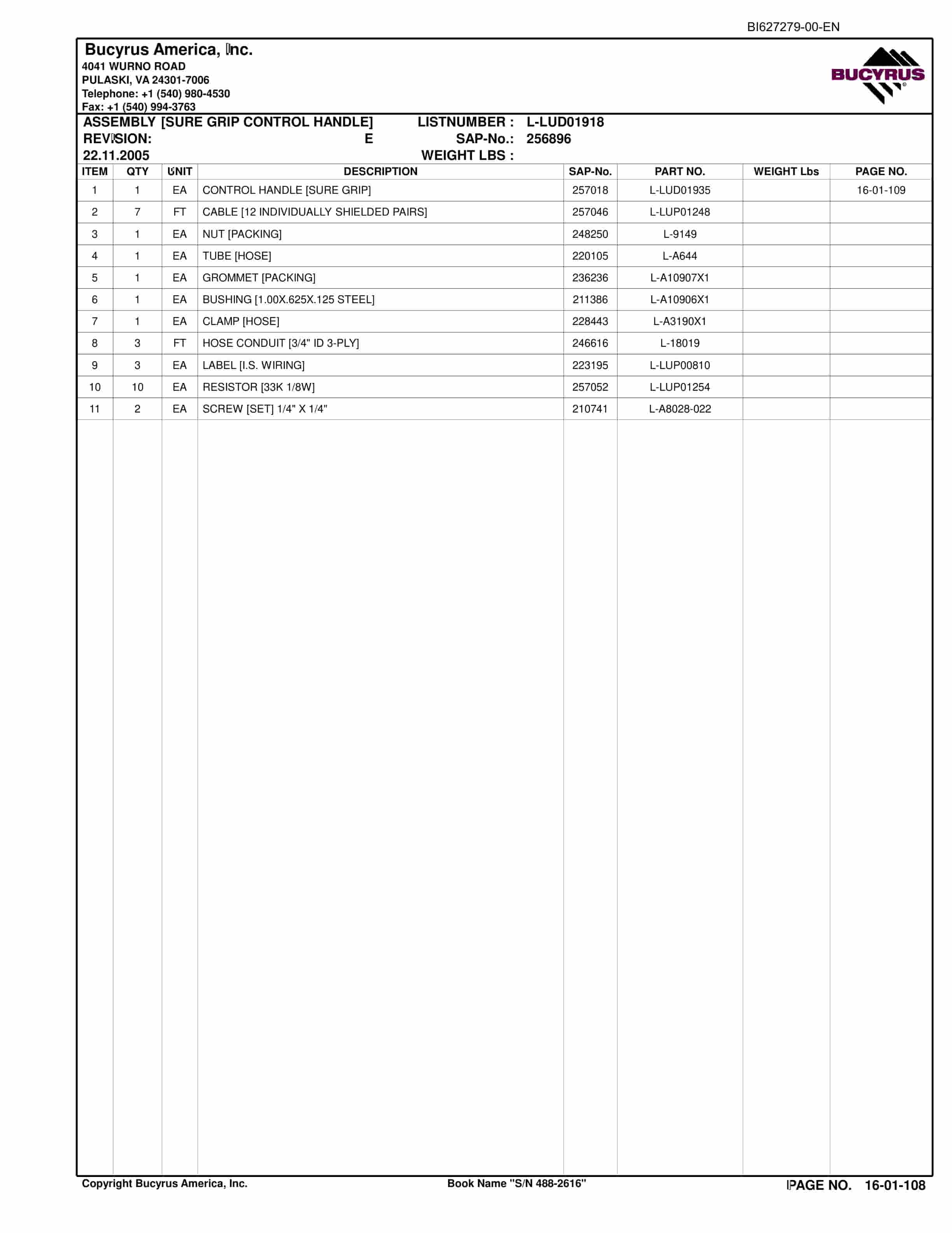 Bucyrus 488-2616 UN-A-TRAC Spare Parts List BI627279-2