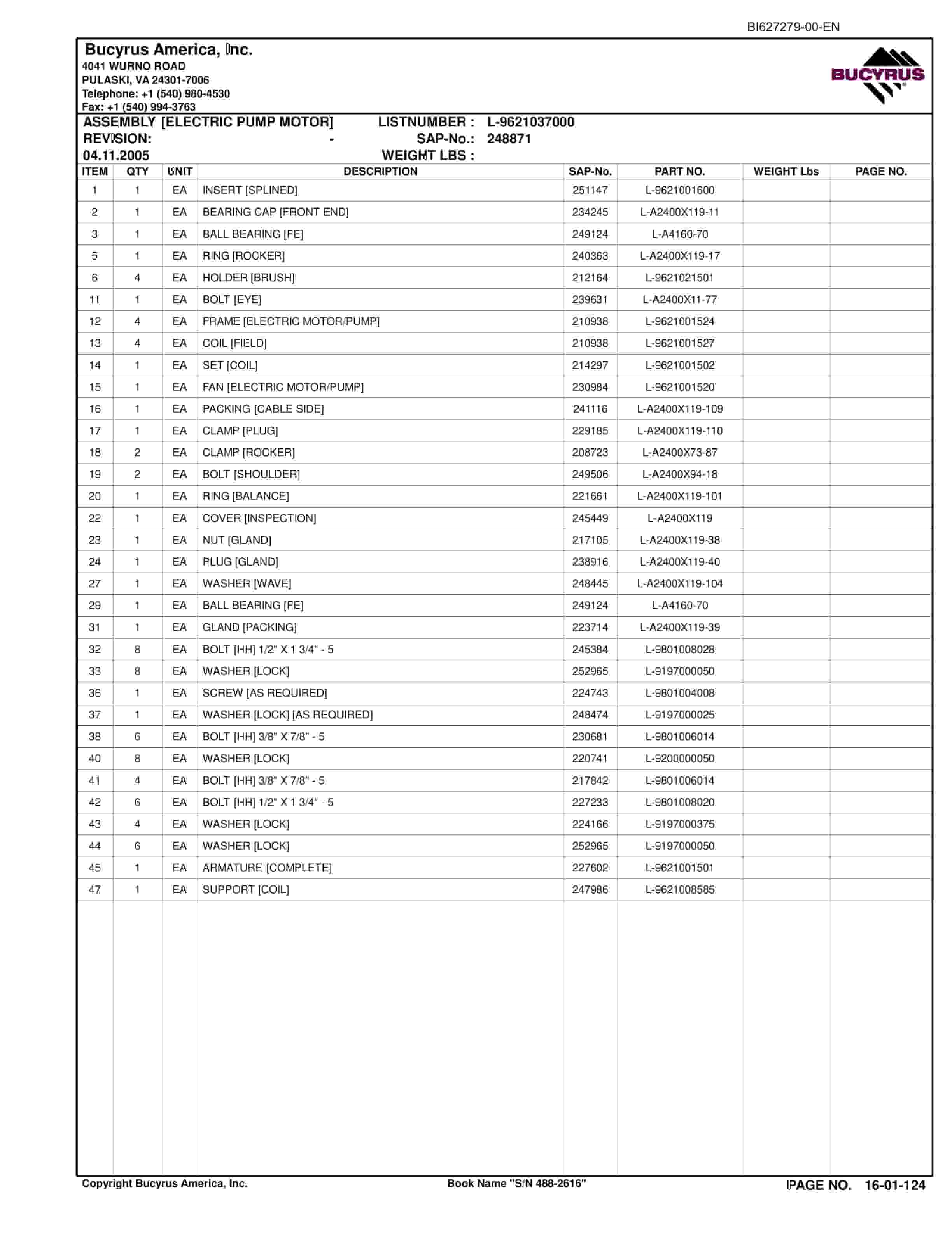 Bucyrus 488-2616 UN-A-TRAC Spare Parts List BI627279-3