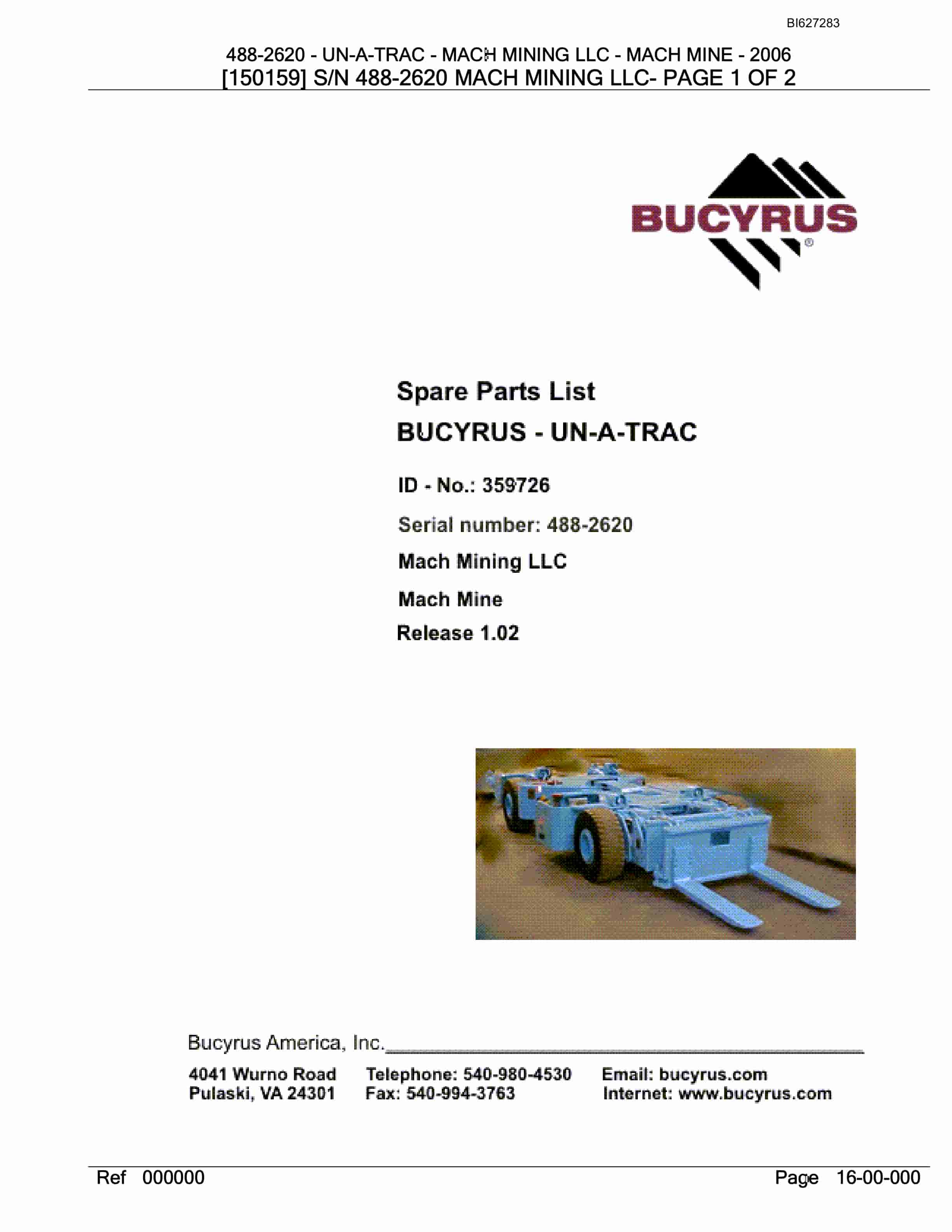 Bucyrus 488-2620 UN-A-TRAC Spare Parts List BI627283