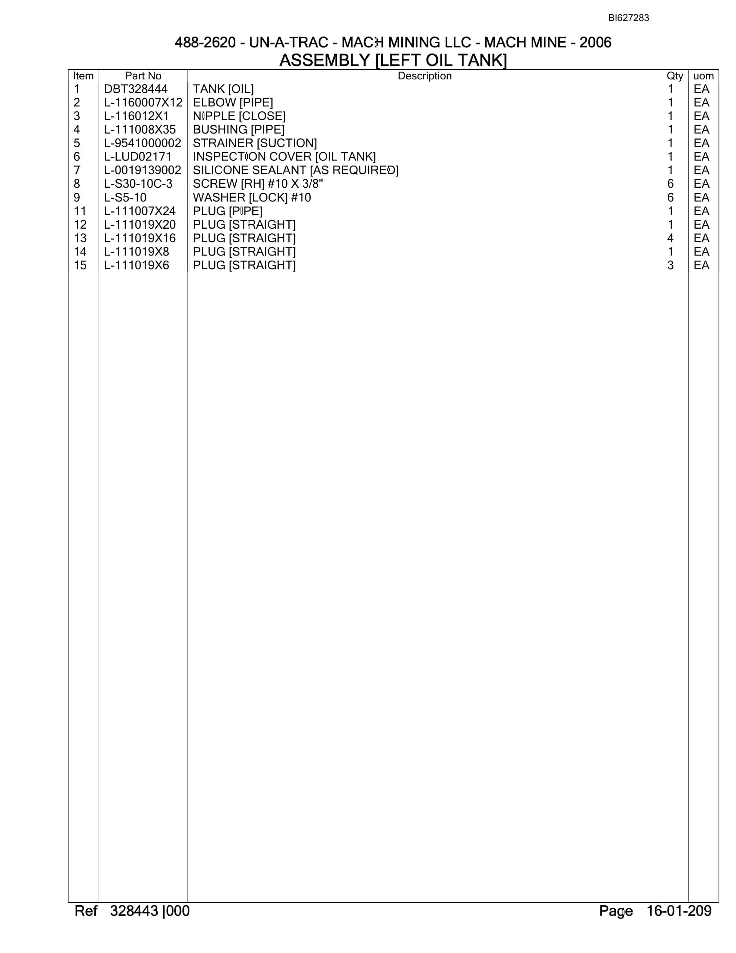 Bucyrus 488-2620 UN-A-TRAC Spare Parts List BI627283-2
