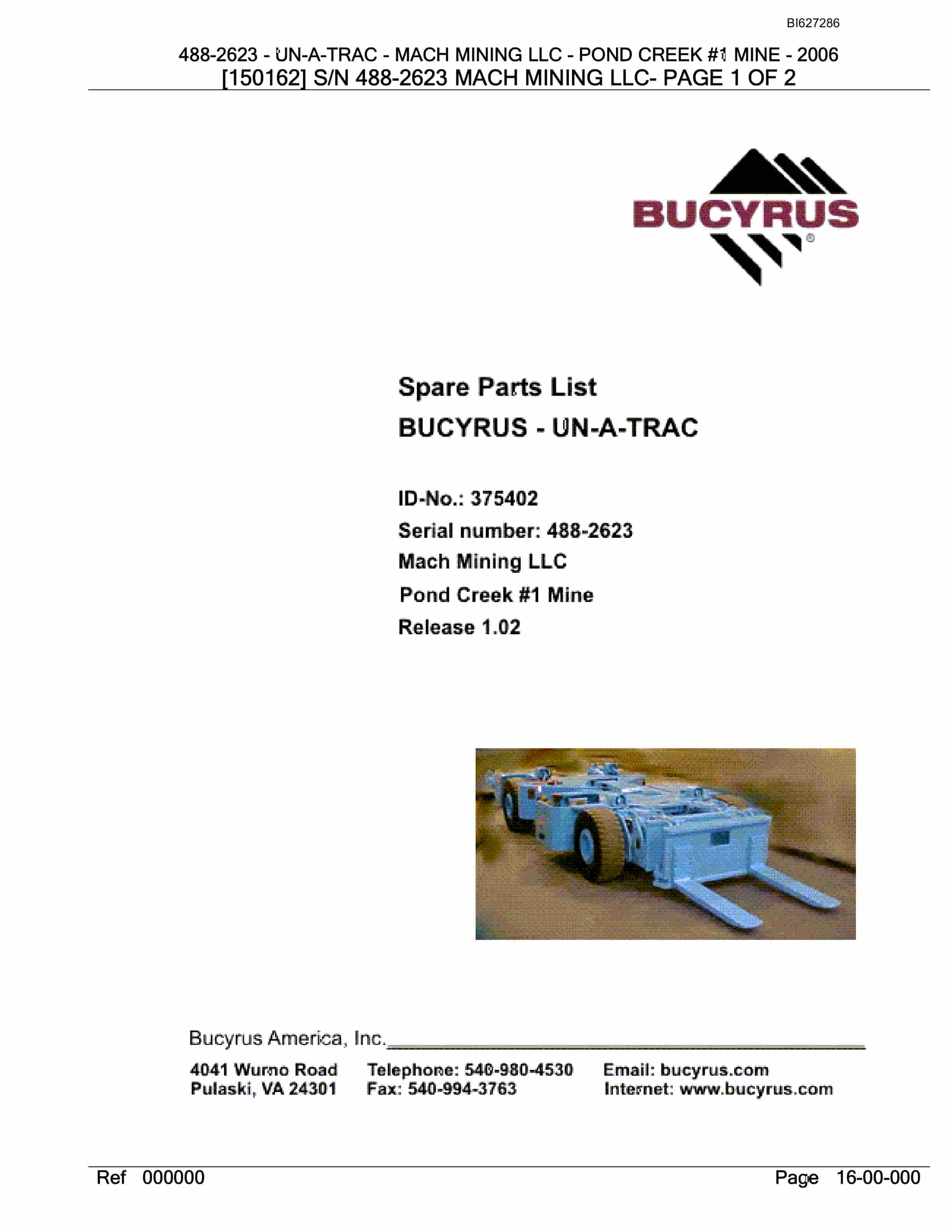Bucyrus 488-2623 UN-A-TRAC Spare Parts List BI627286