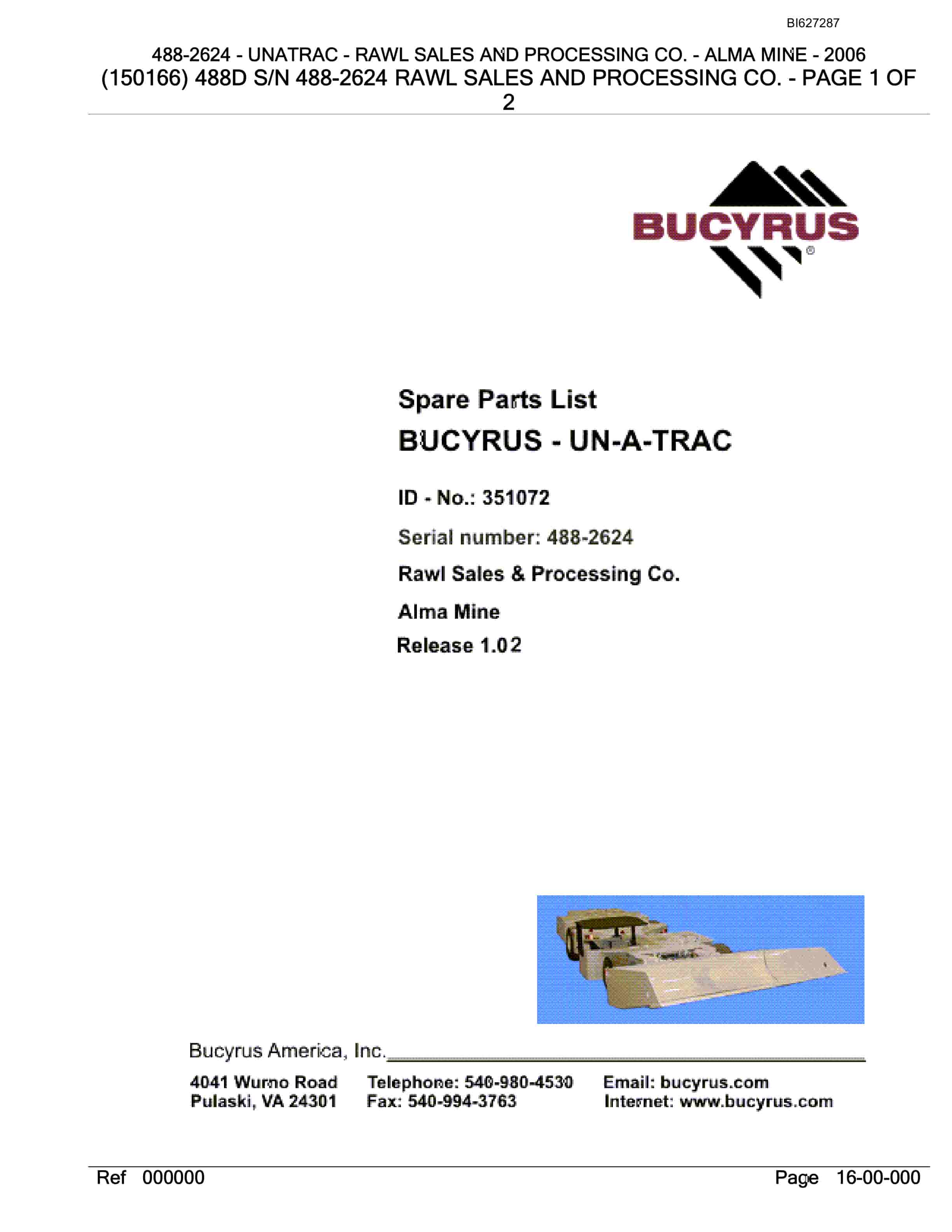 Bucyrus 488-2624 UN-A-TRAC Spare Parts List BI627287