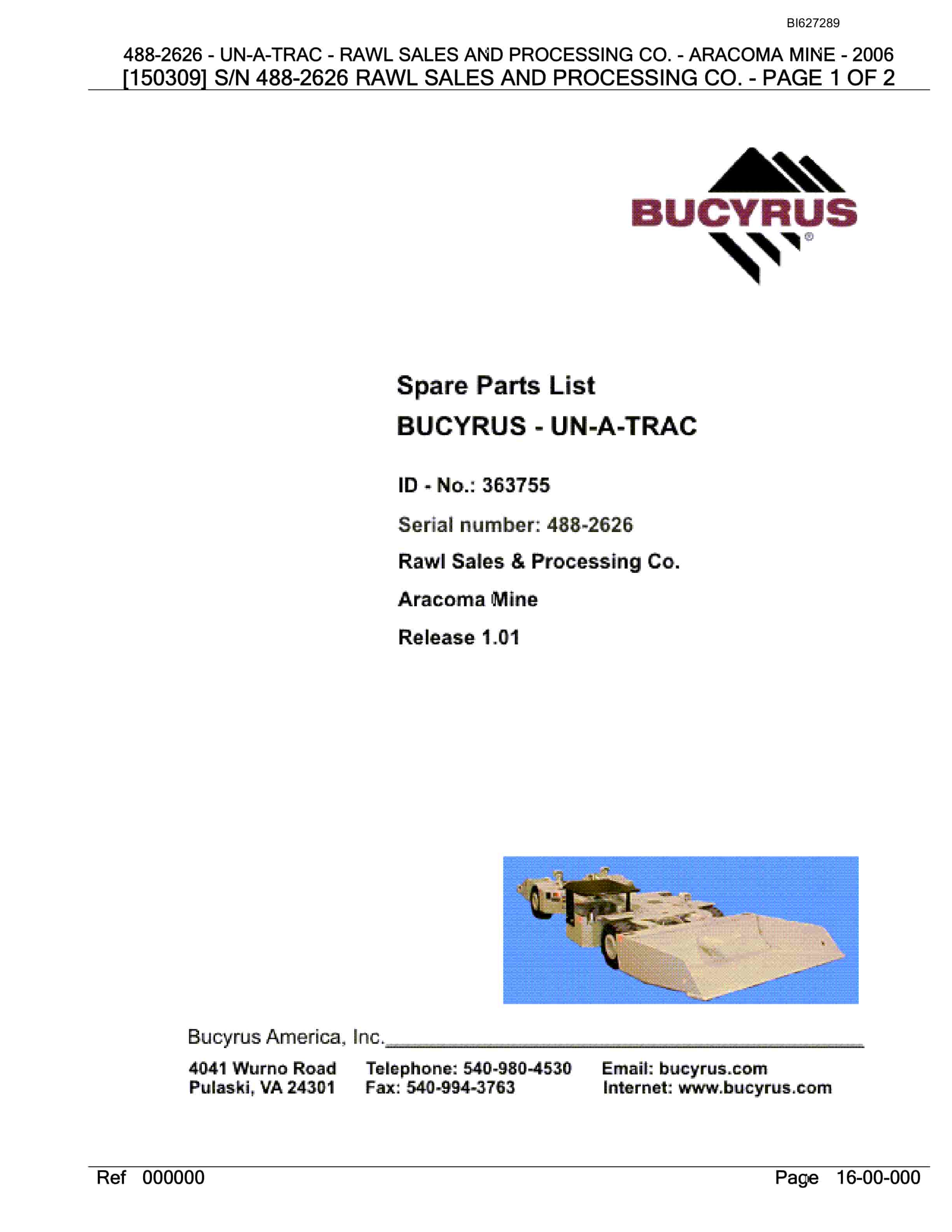 Bucyrus 488-2626 UN-A-TRAC Spare Parts List BI627289