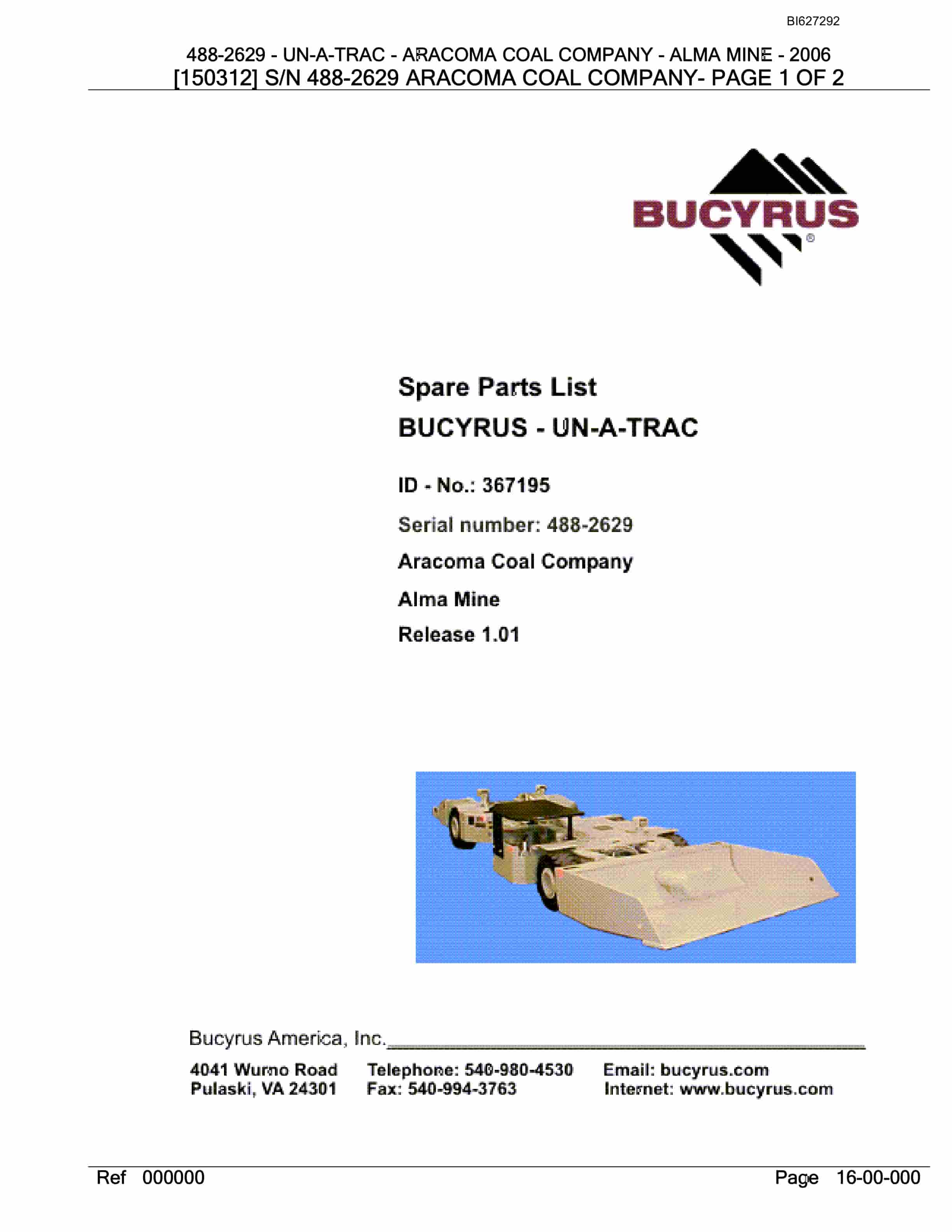 Bucyrus 488-2629 UN-A-TRAC Spare Parts List BI627292
