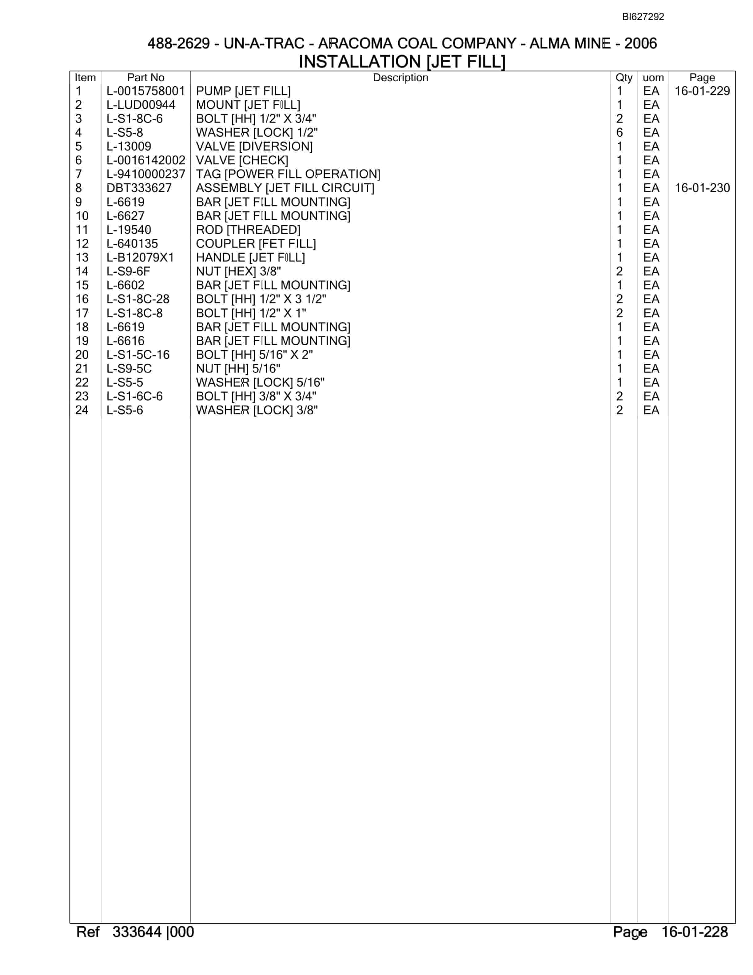 Bucyrus 488-2629 UN-A-TRAC Spare Parts List BI627292-2