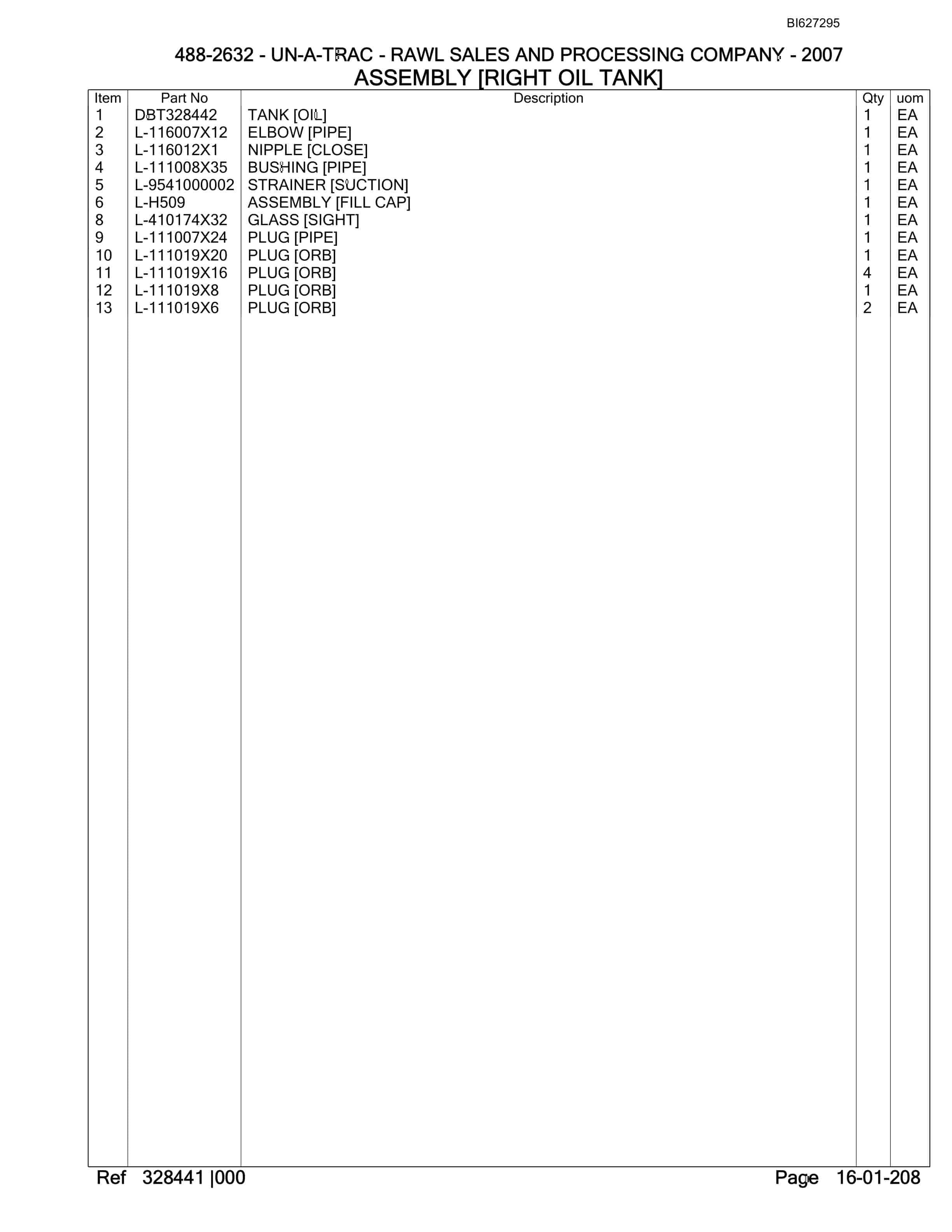 Bucyrus 488-2632 UN-A-TRAC Spare Parts List BI627295-3