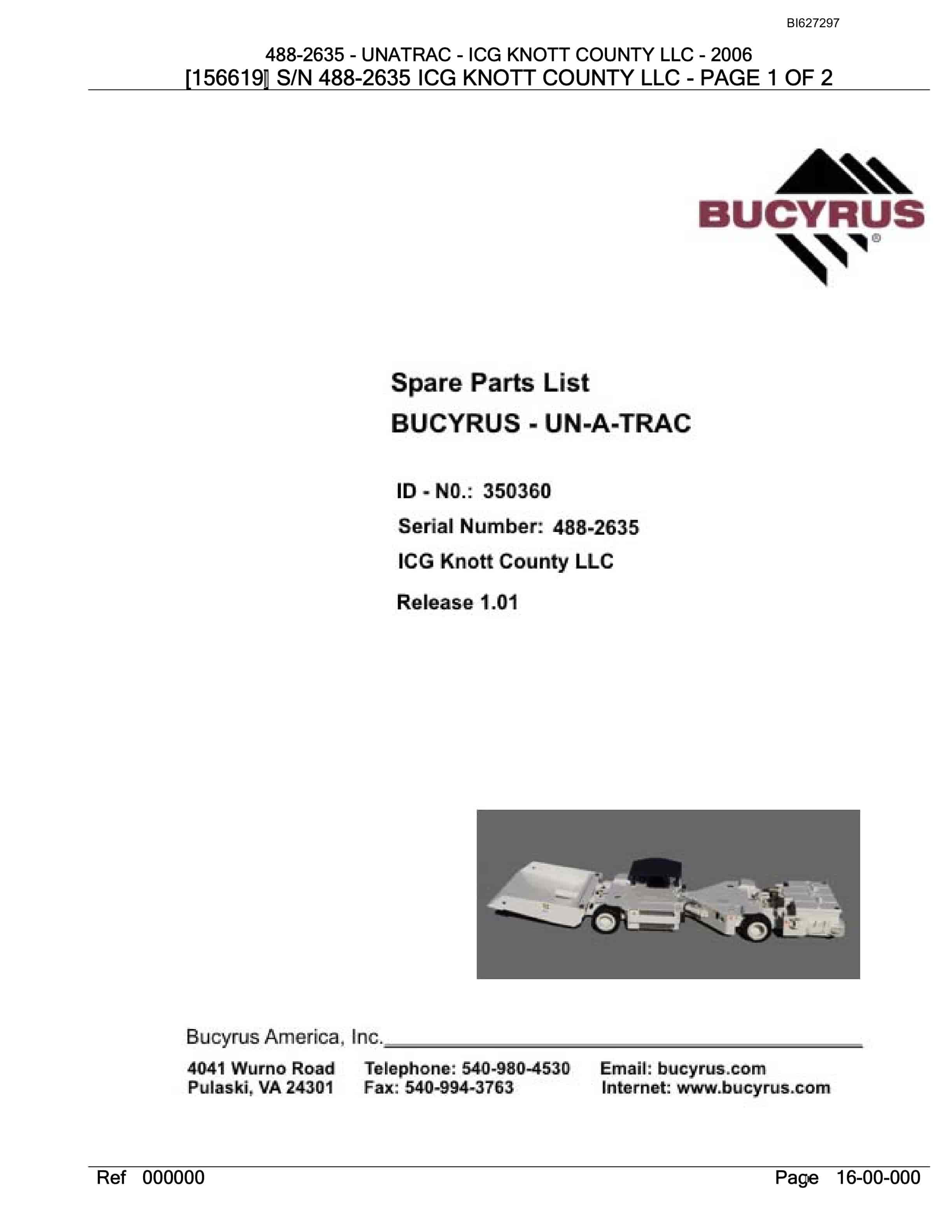 Bucyrus 488-2635 UN-A-TRAC Spare Parts List BI627297
