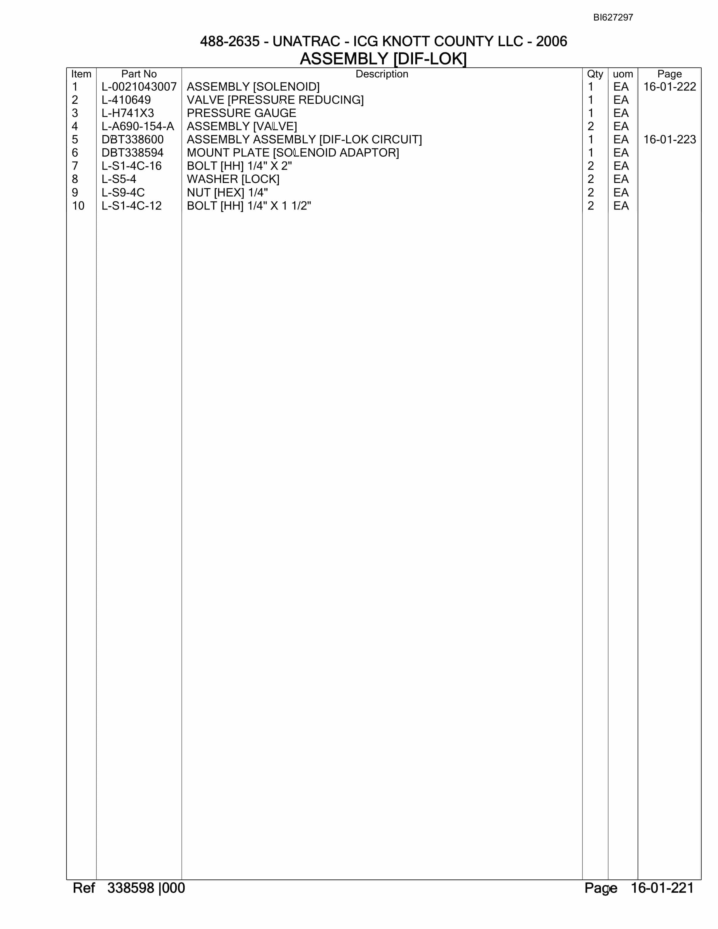 Bucyrus 488-2635 UN-A-TRAC Spare Parts List BI627297-5
