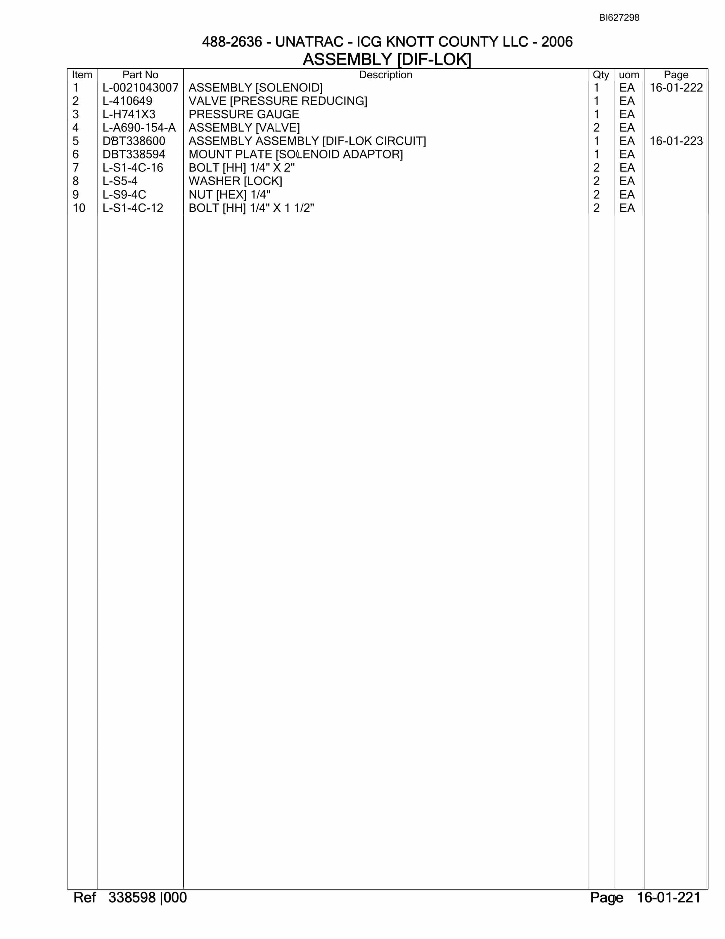 Bucyrus 488-2636 UN-A-TRAC Spare Parts List BI627298-5