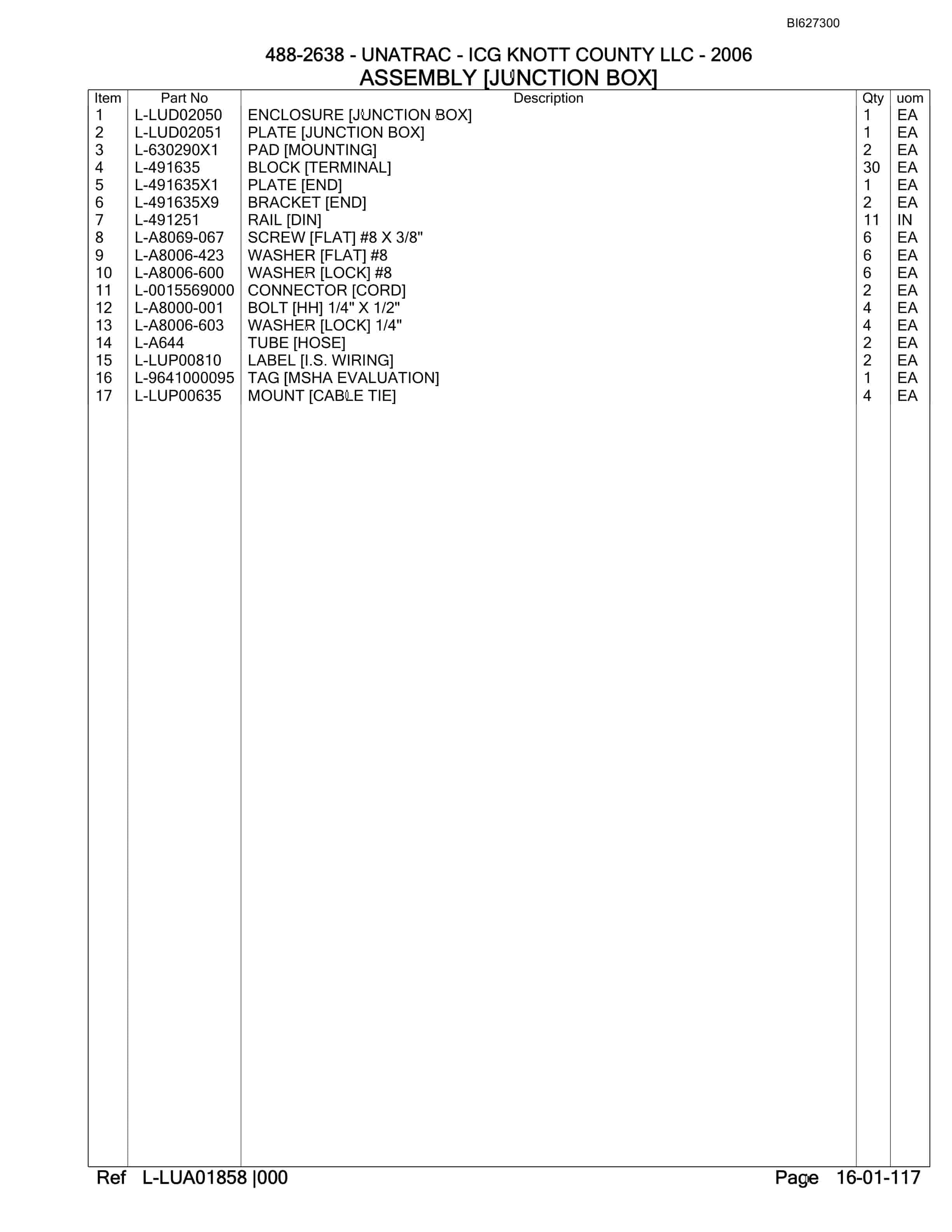 Bucyrus 488-2638 UN-A-TRAC Spare Parts List BI627300-2