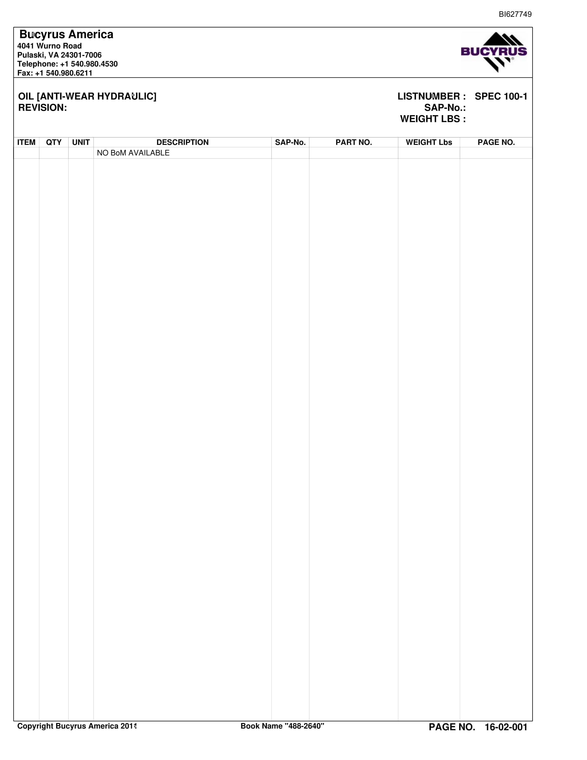 Bucyrus 488-2640 UN-A-TRAC Parts Catalog BI627749-5