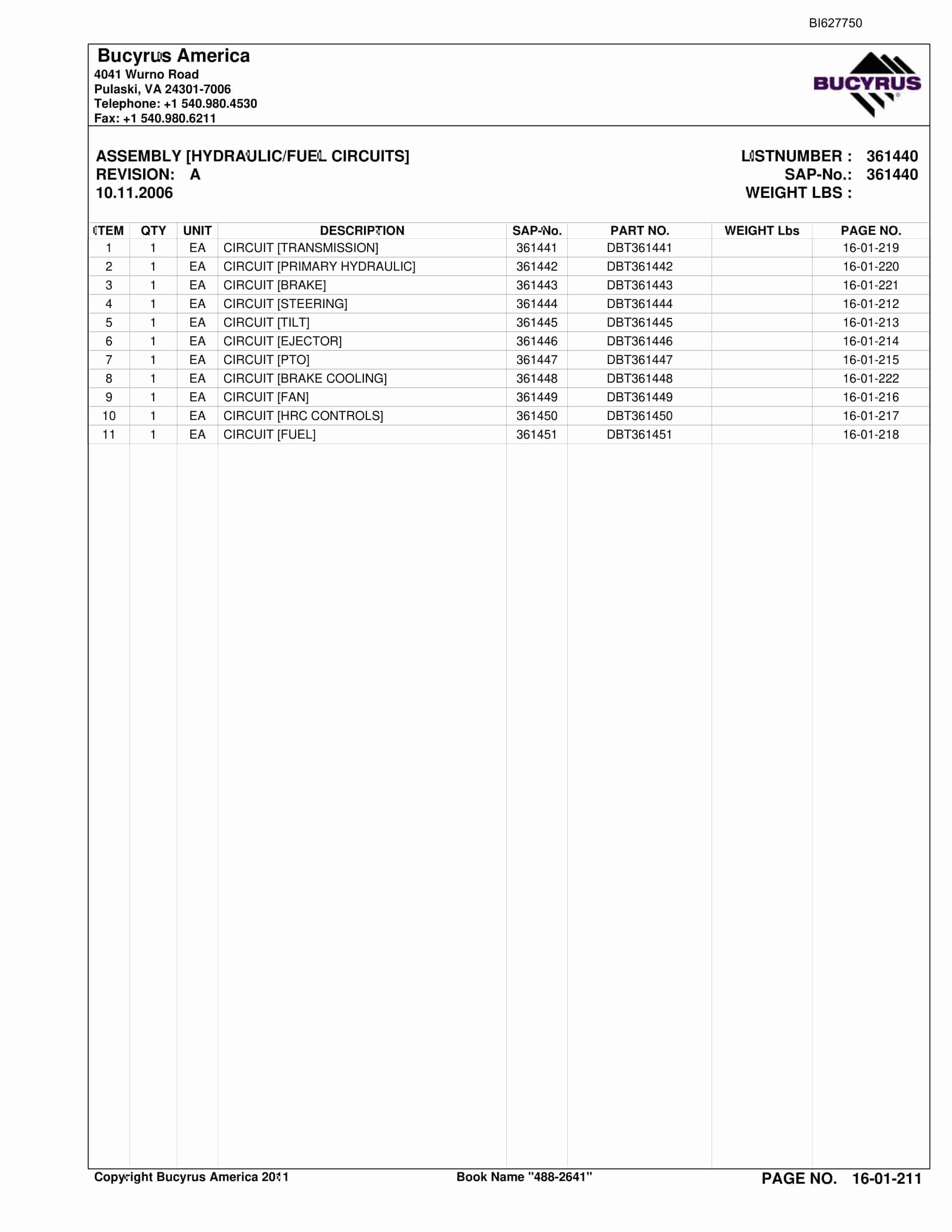 Bucyrus 488-2641 UN-A-TRAC Parts Catalog BI627750-3