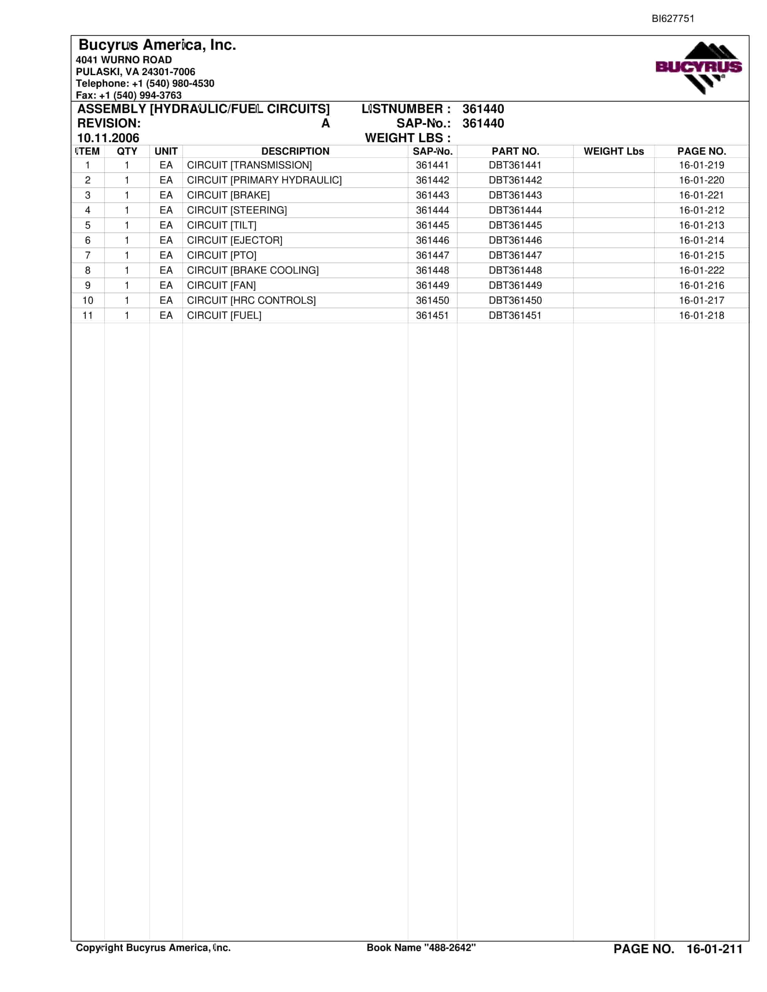 Bucyrus 488-2642 UN-A-TRAC Parts Catalog BI627751-3