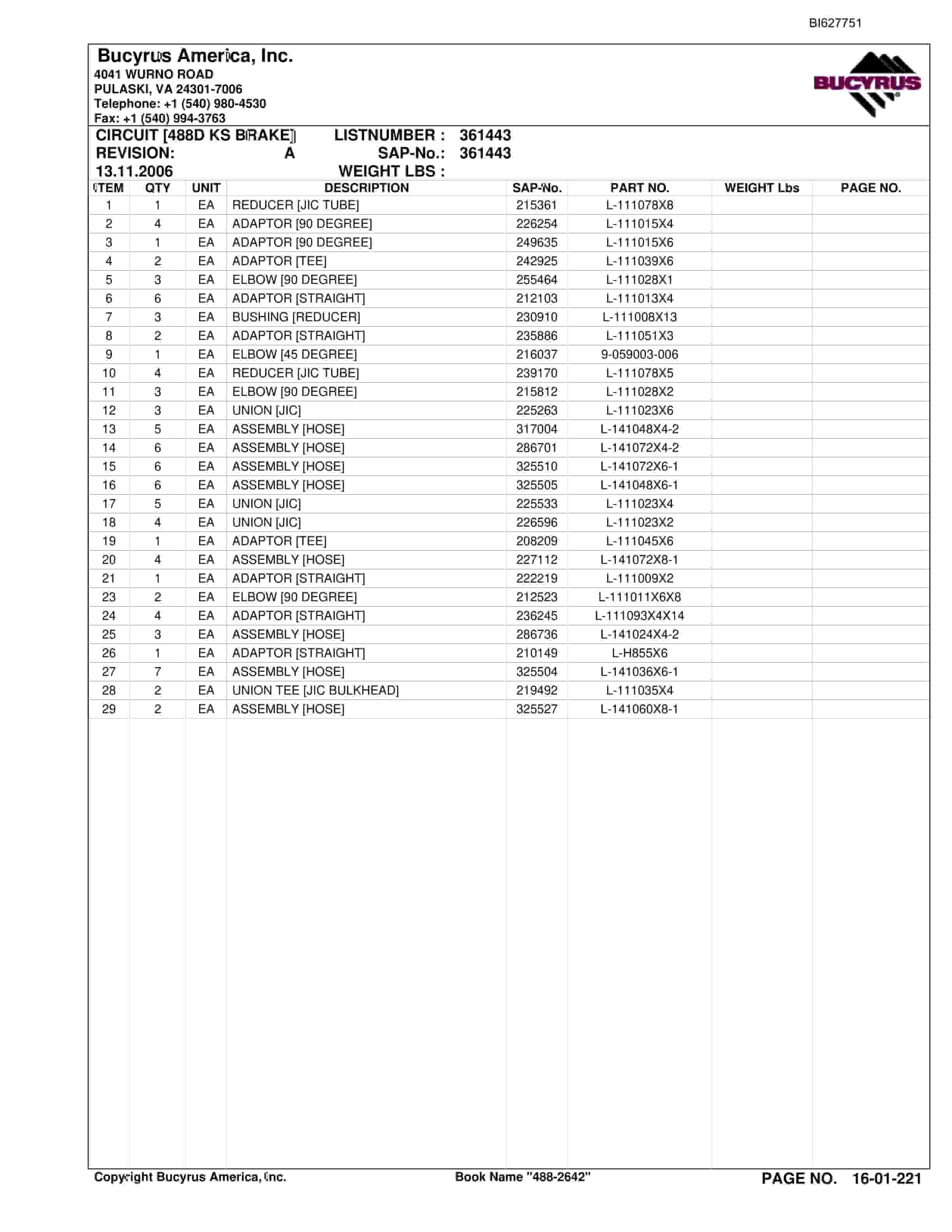 Bucyrus 488-2642 UN-A-TRAC Parts Catalog BI627751-4
