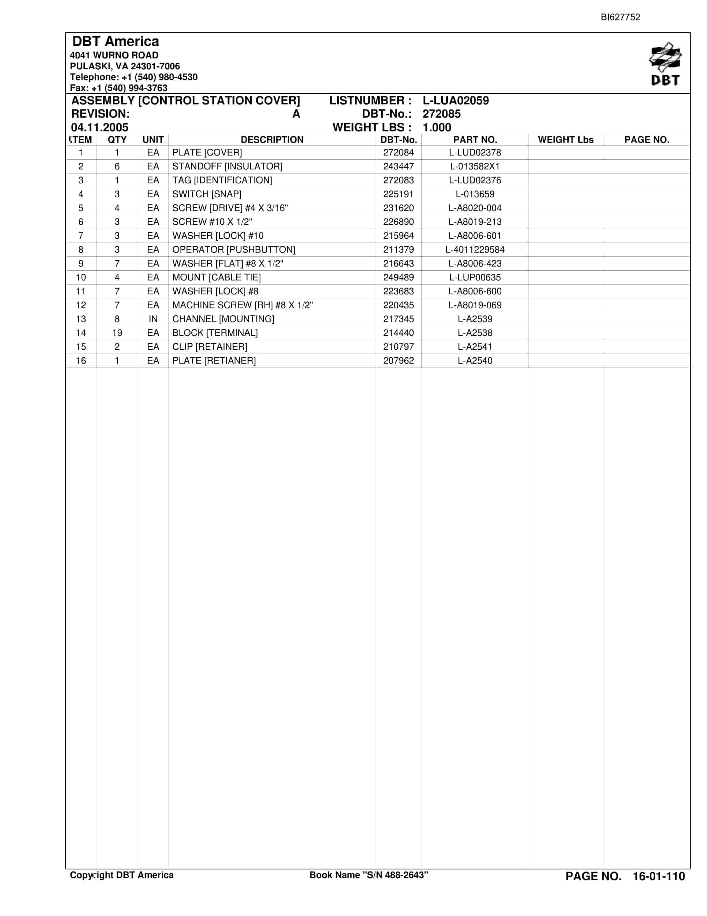 Bucyrus 488-2643 UN-A-TRAC Parts Catalog BI627752-2