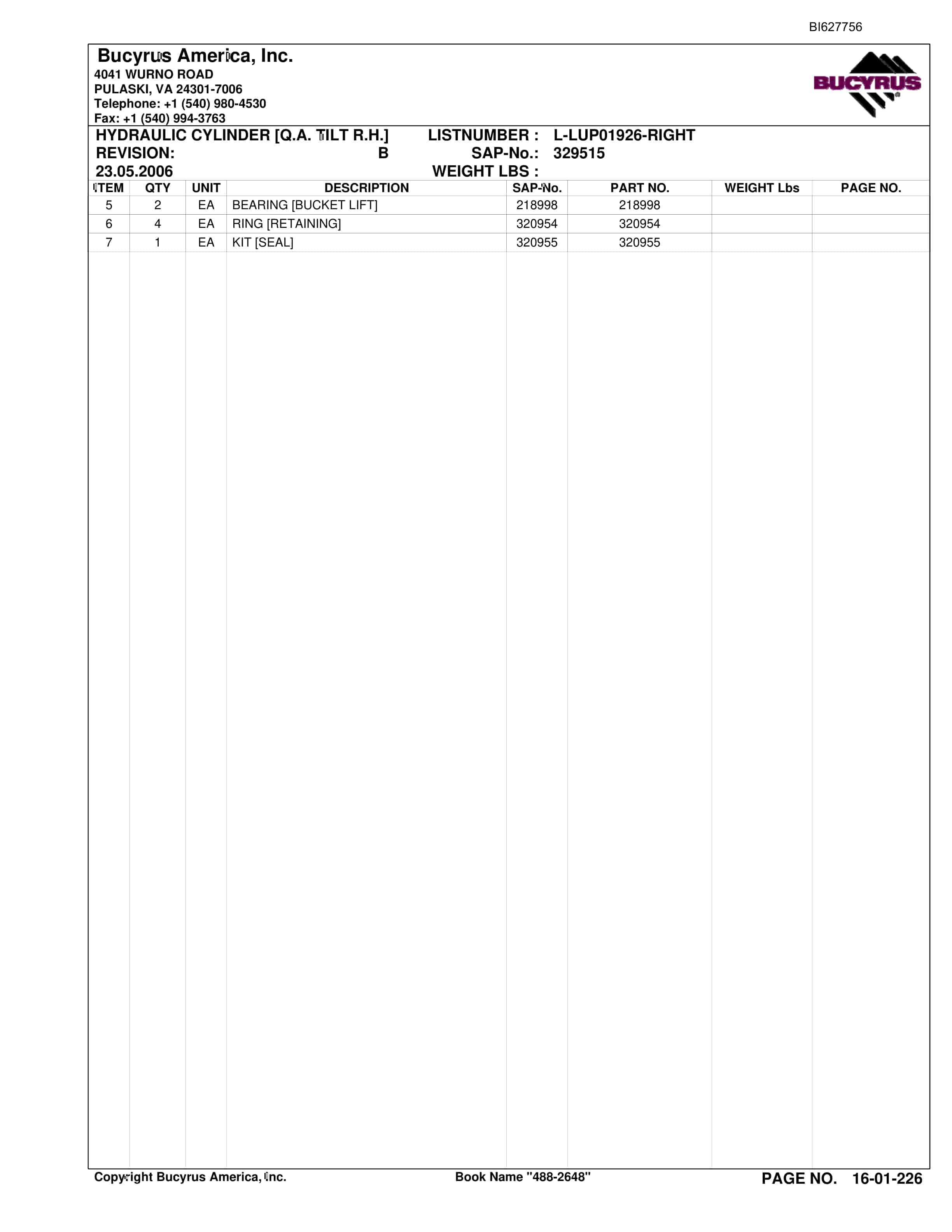 Bucyrus 488-2648 UN-A-TRAC Parts Catalog BI627756-4