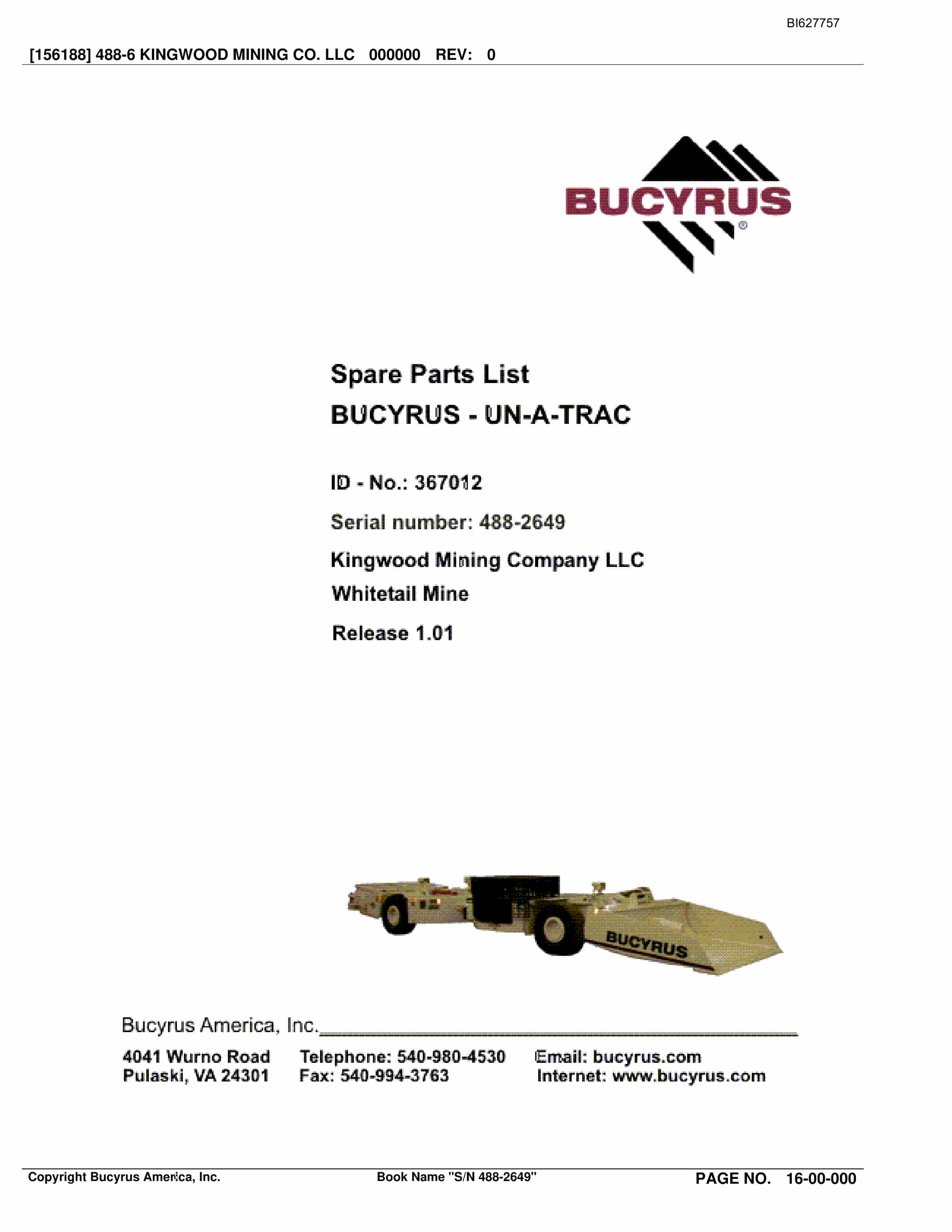 Bucyrus 488-2649 UN-A-TRAC Spare Parts List BI627757