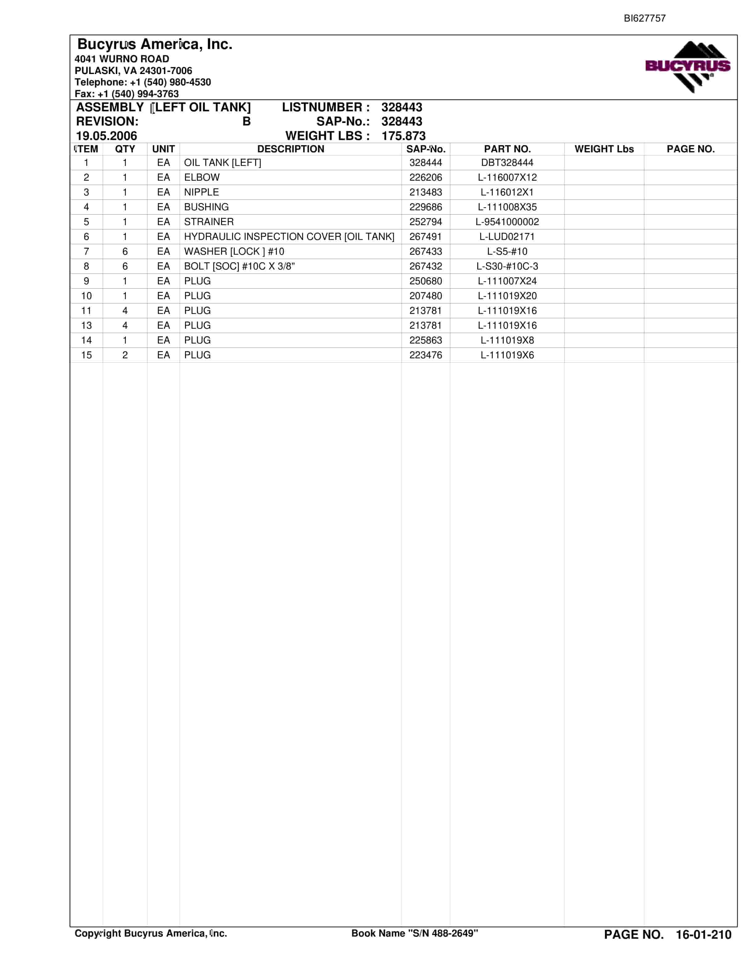 Bucyrus 488-2649 UN-A-TRAC Spare Parts List BI627757-5