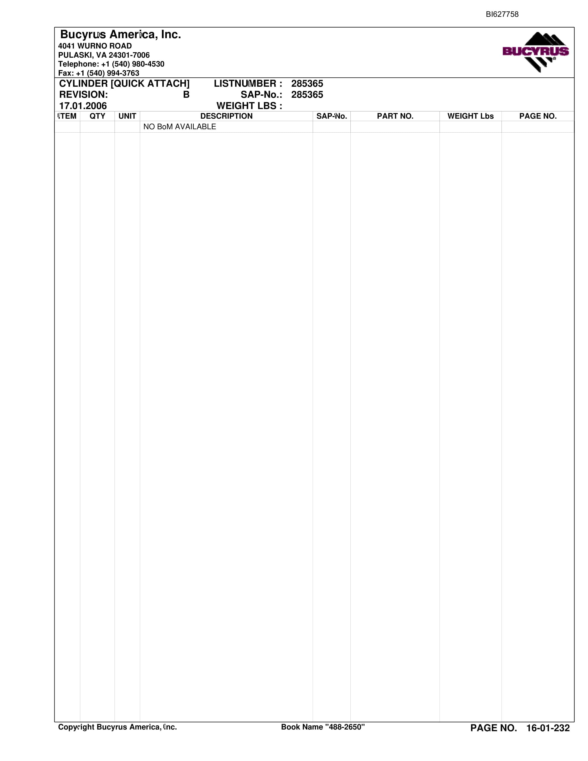 Bucyrus 488-2650 UN-A-TRAC Spare Parts List BI627758-5