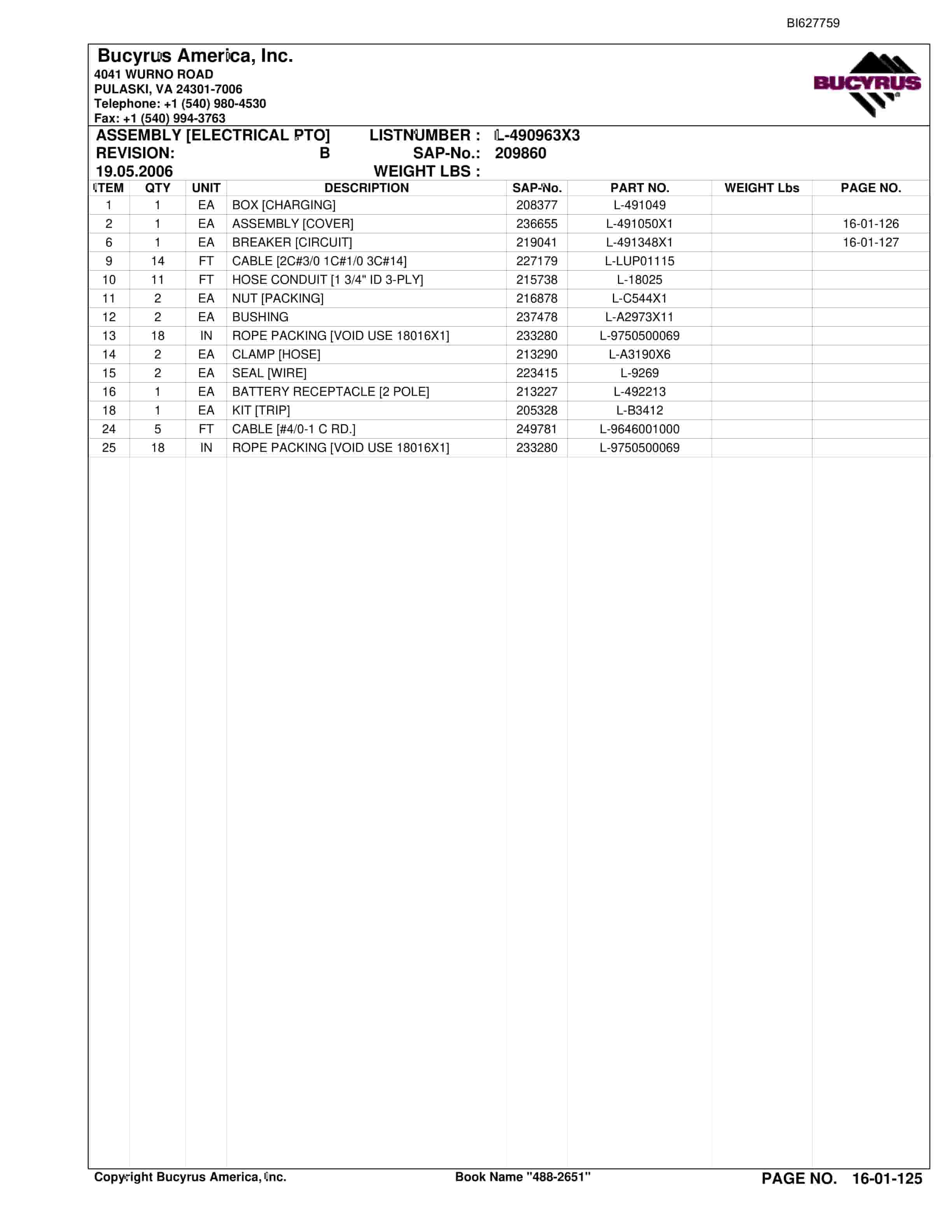 Bucyrus 488-2651 UN-A-TRAC Spare Parts List BI627759-2