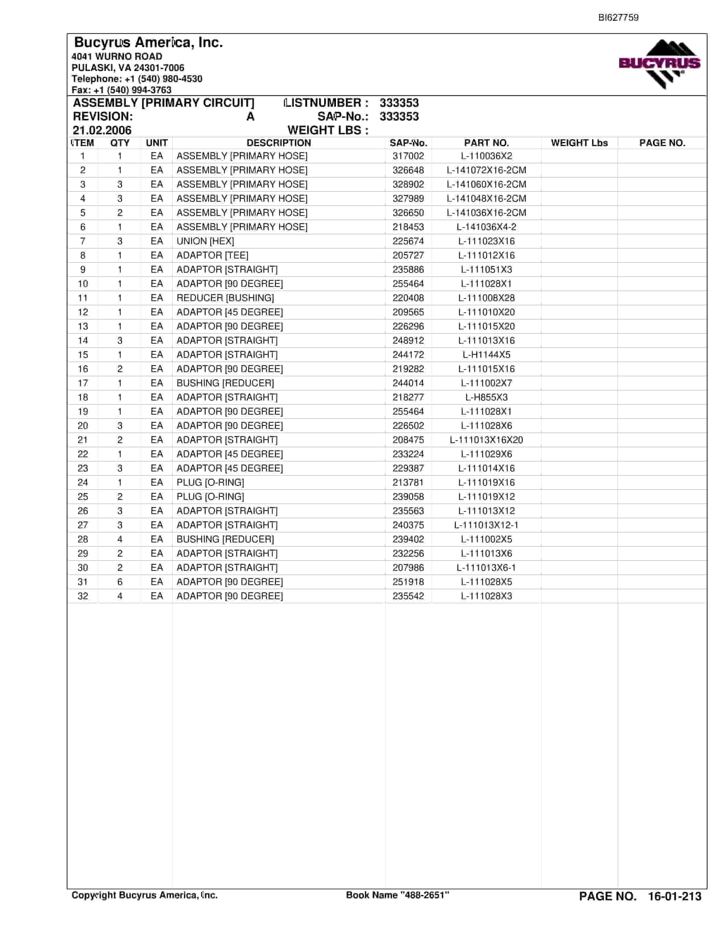 Bucyrus 488-2651 UN-A-TRAC Spare Parts List BI627759-3