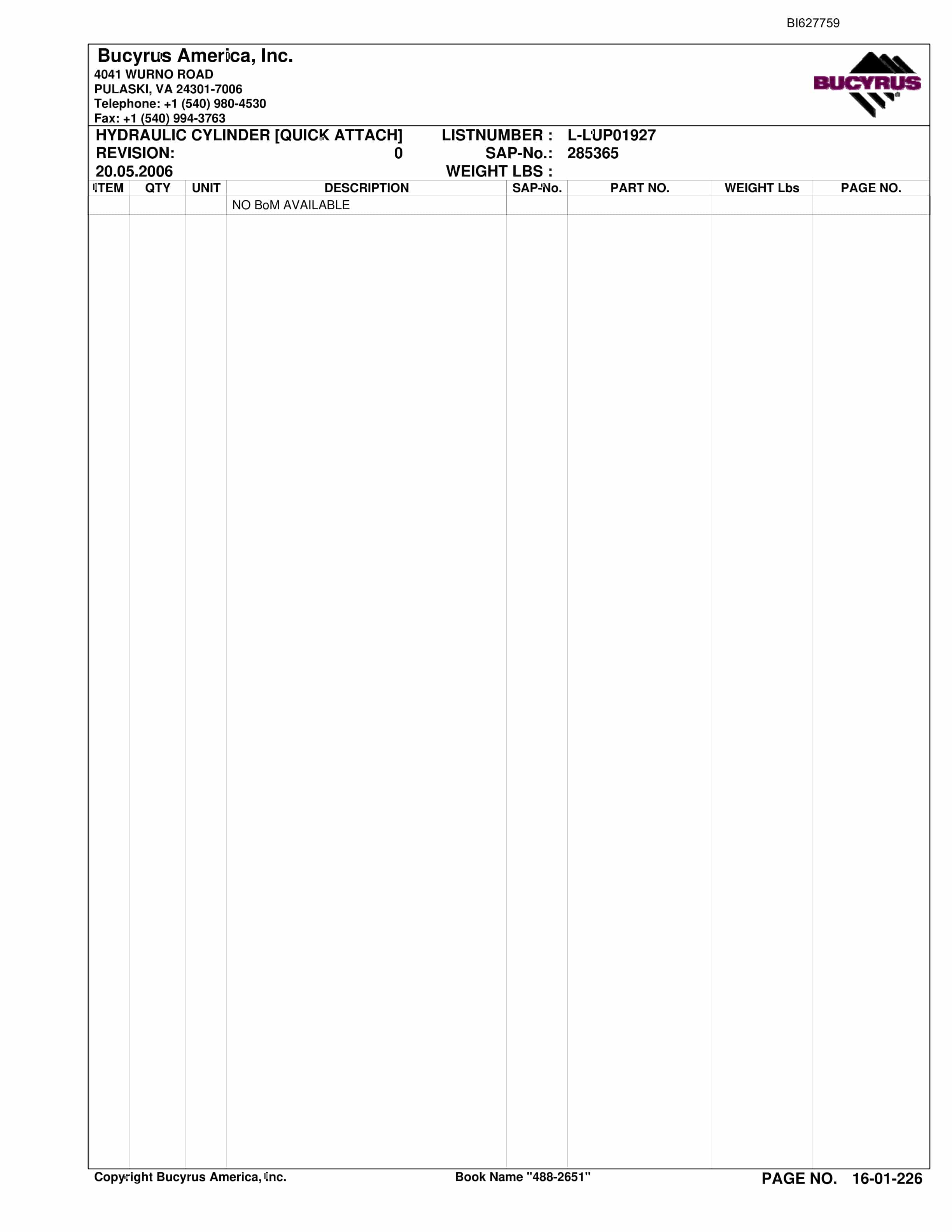 Bucyrus 488-2651 UN-A-TRAC Spare Parts List BI627759-4