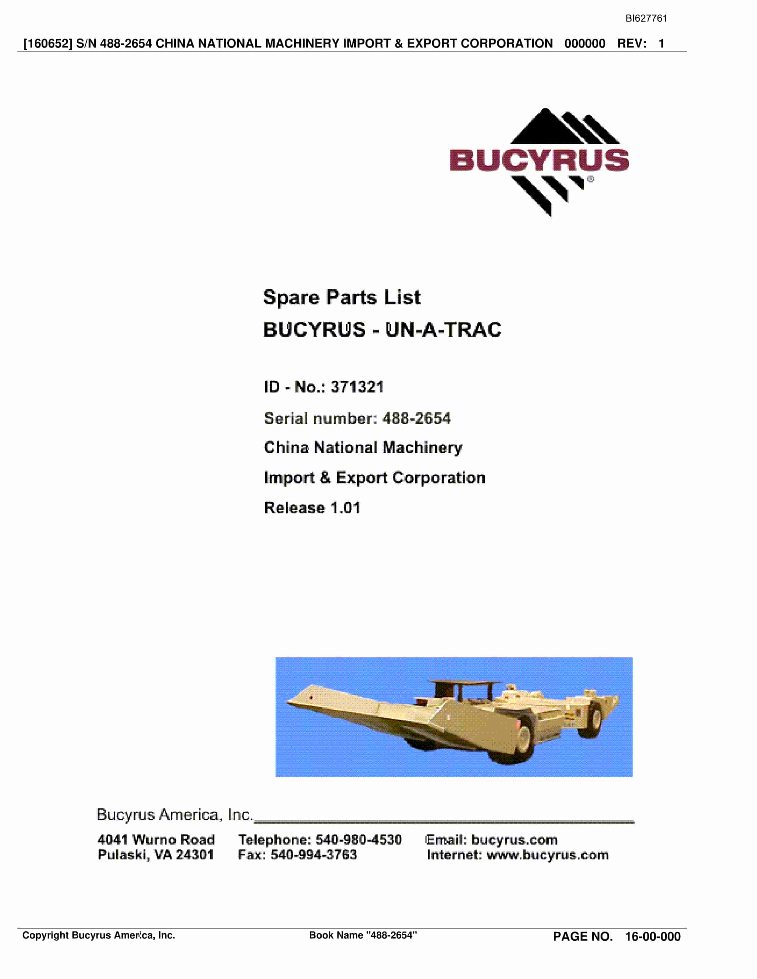 Bucyrus 488-2654 UN-A-TRAC Spare Parts List BI627761